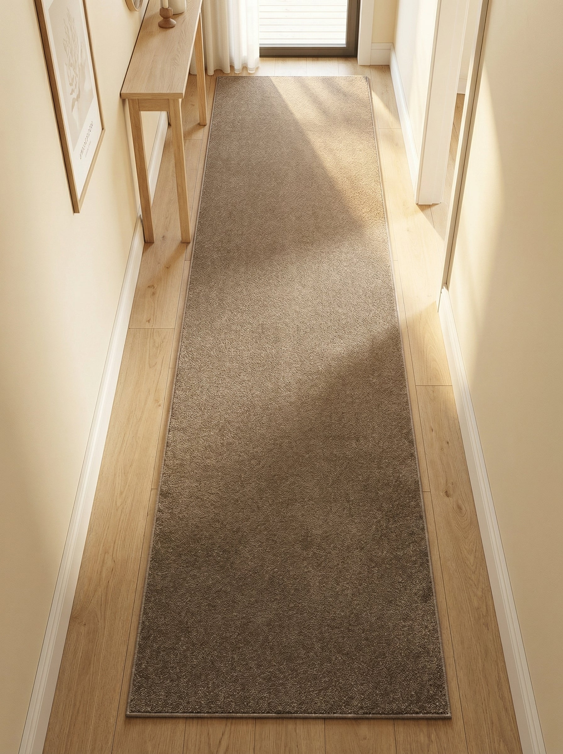 Tapis de couloir rectangulaire marron clair texturé aux motifs subtils, posé sur un parquet en bois dans une entrée lumineuse