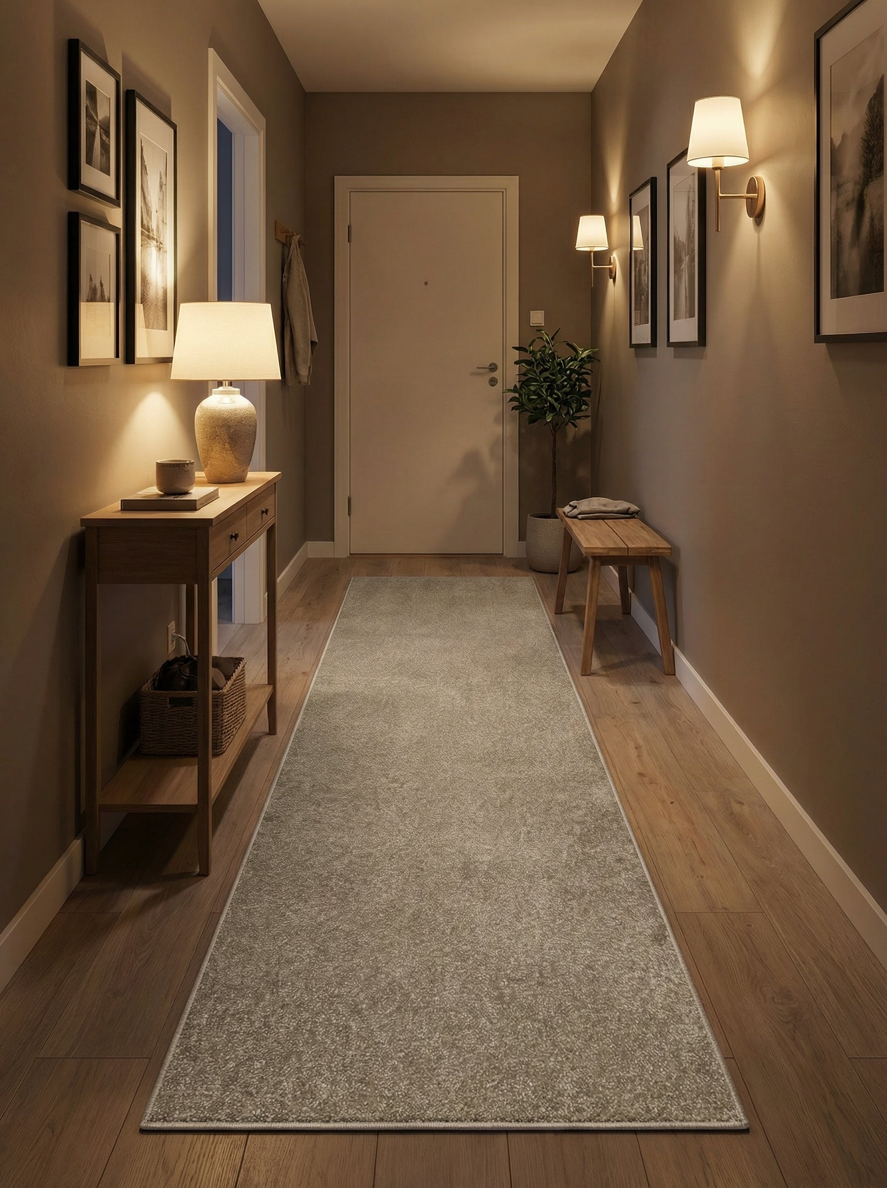 Long tapis de couloir rectangulaire beige chiné, à l'aspect doux et texturé, posé sur un parquet clair dans une entrée éclairée
