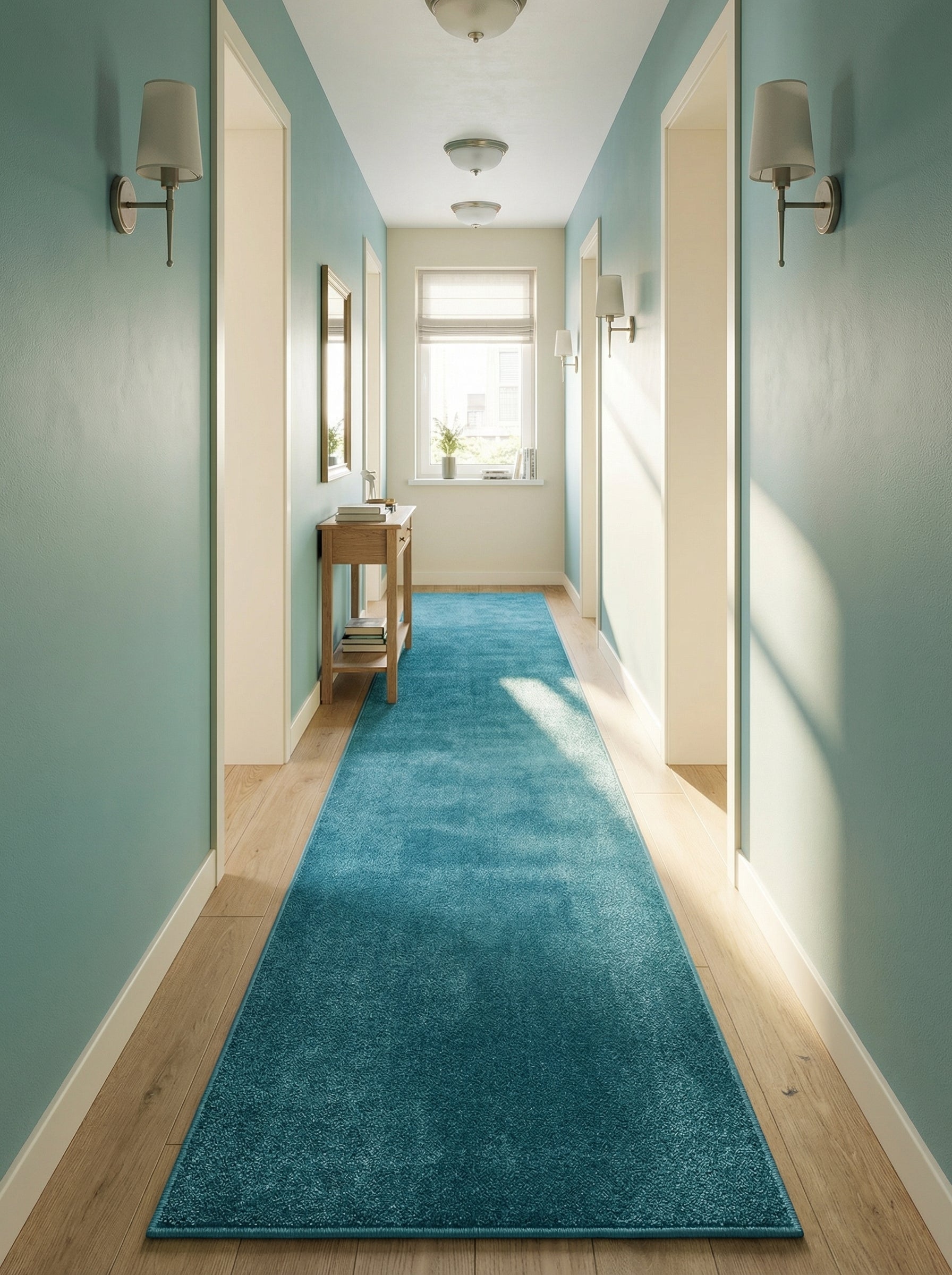 Tapis rectangulaire bleu turquoise, à la texture douce, posé sur un parquet en bois clair d'un couloir ensoleillé