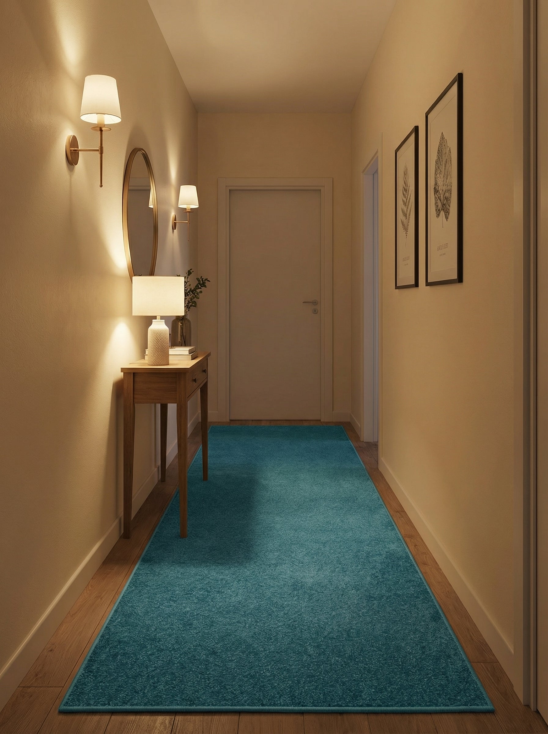 Tapis de couloir rectangulaire bleu-canard, à poils courts, posé sur le parquet d'un hall d'entrée