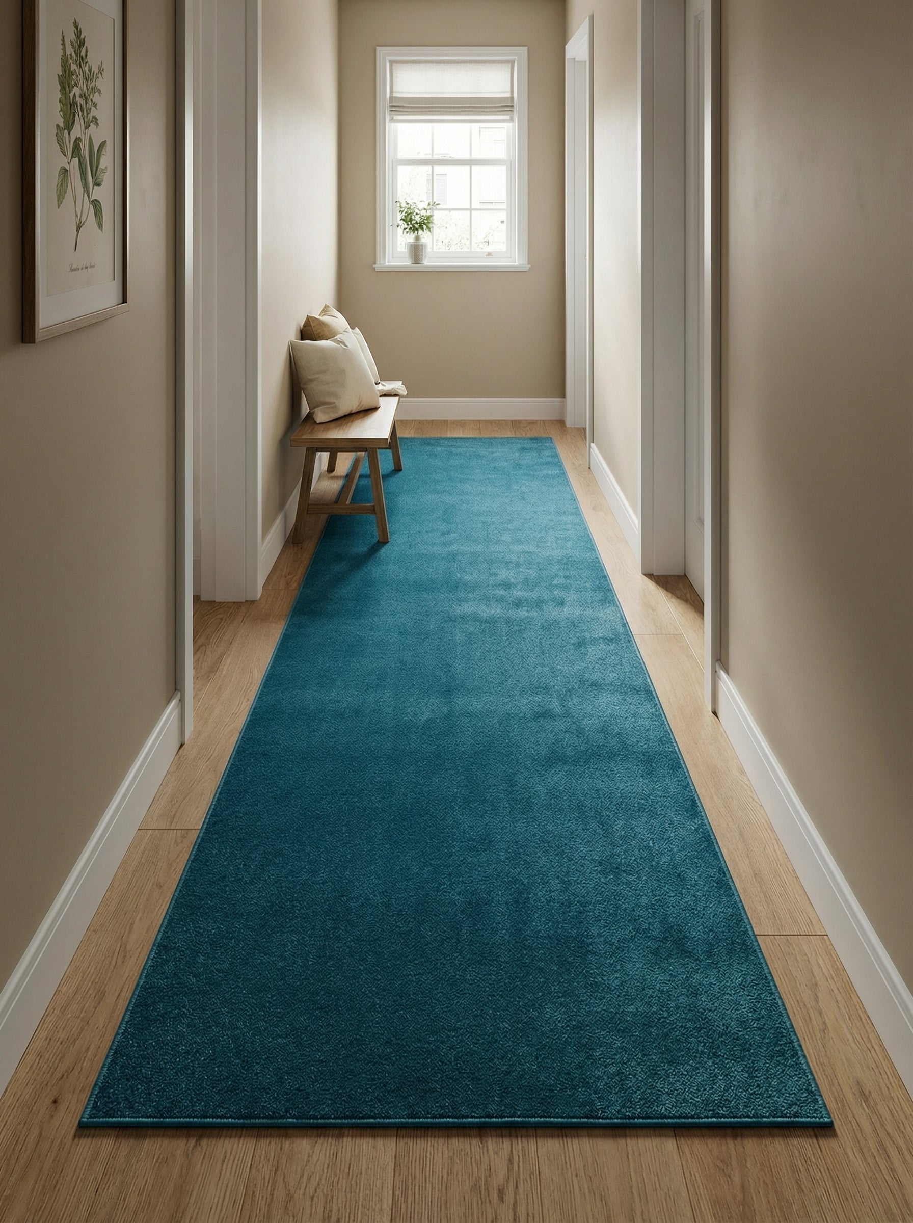 Long tapis de couloir bleu sarcelle, avec un motif texturé subtil, posé sur un plancher en bois clair dans un hall d'entrée