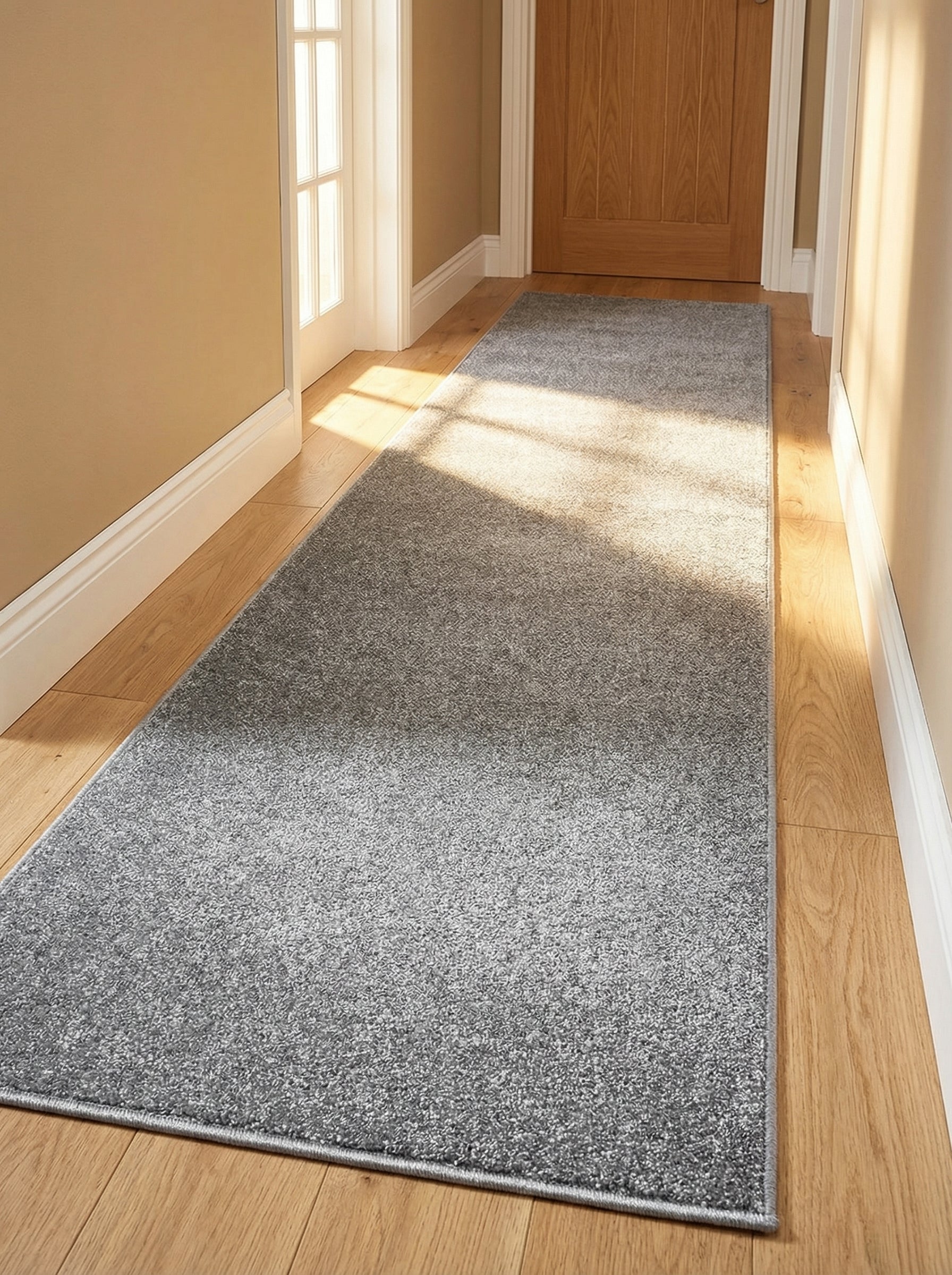 Long tapis de couloir rectangulaire gris chiné à poils ras, sur un parquet clair dans une entrée lumineuse