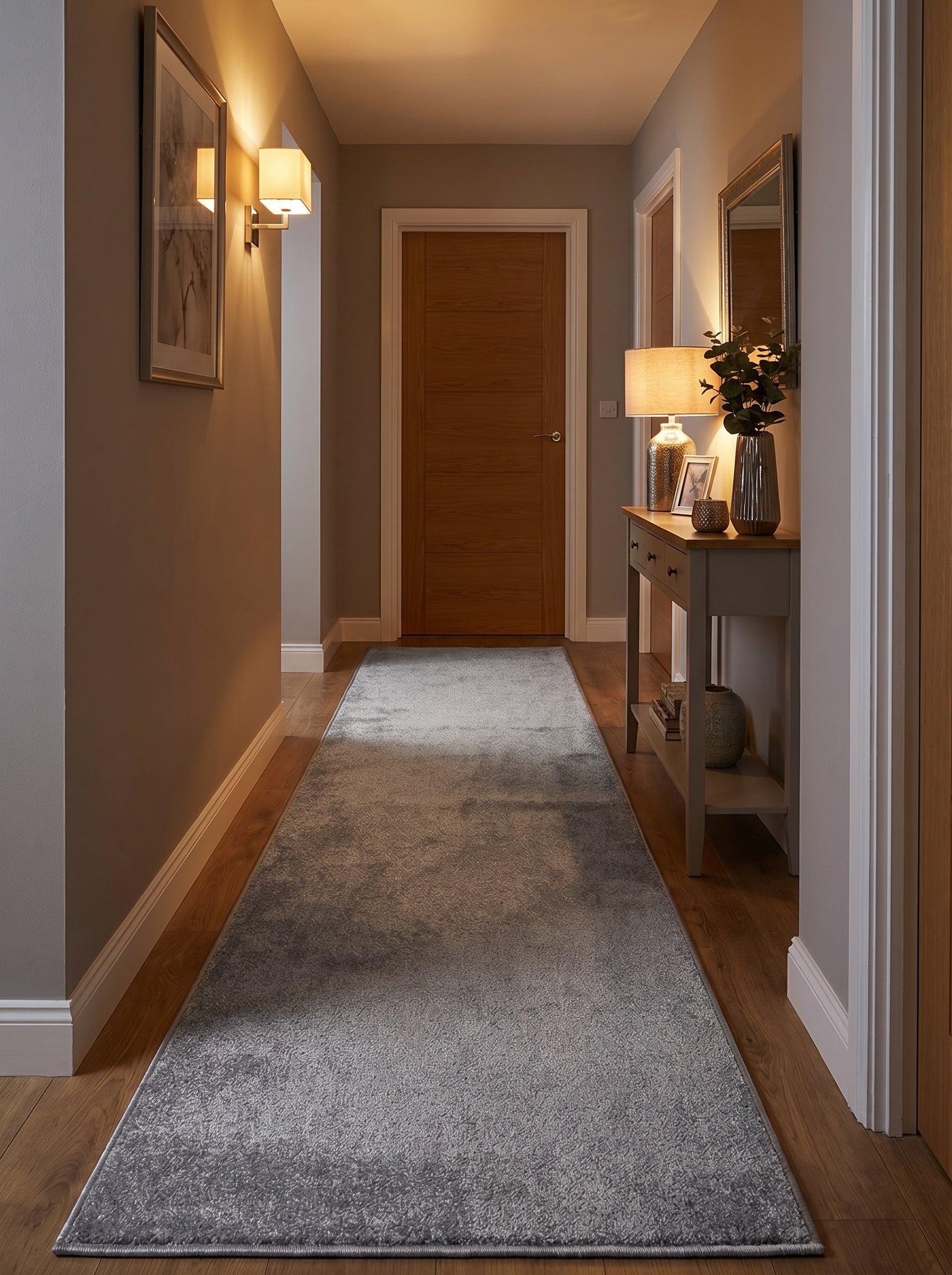 Tapis de couloir gris aux reflets clairs et motifs abstraits texturés, étendu sur un parquet dans une entrée