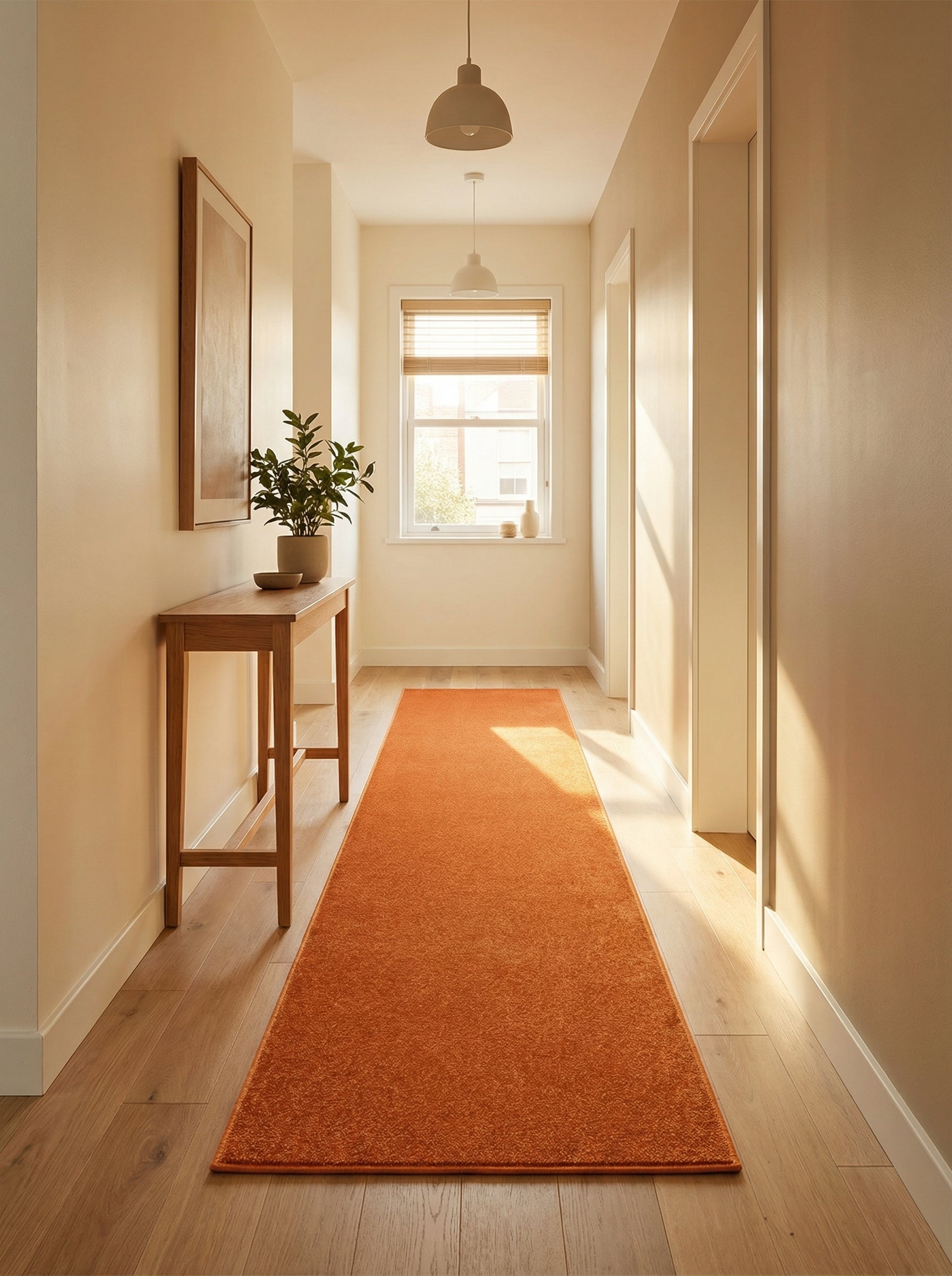 Un tapis coureur rectangulaire orange brûlé et texturé sur un plancher en bois clair dans un couloir lumineux