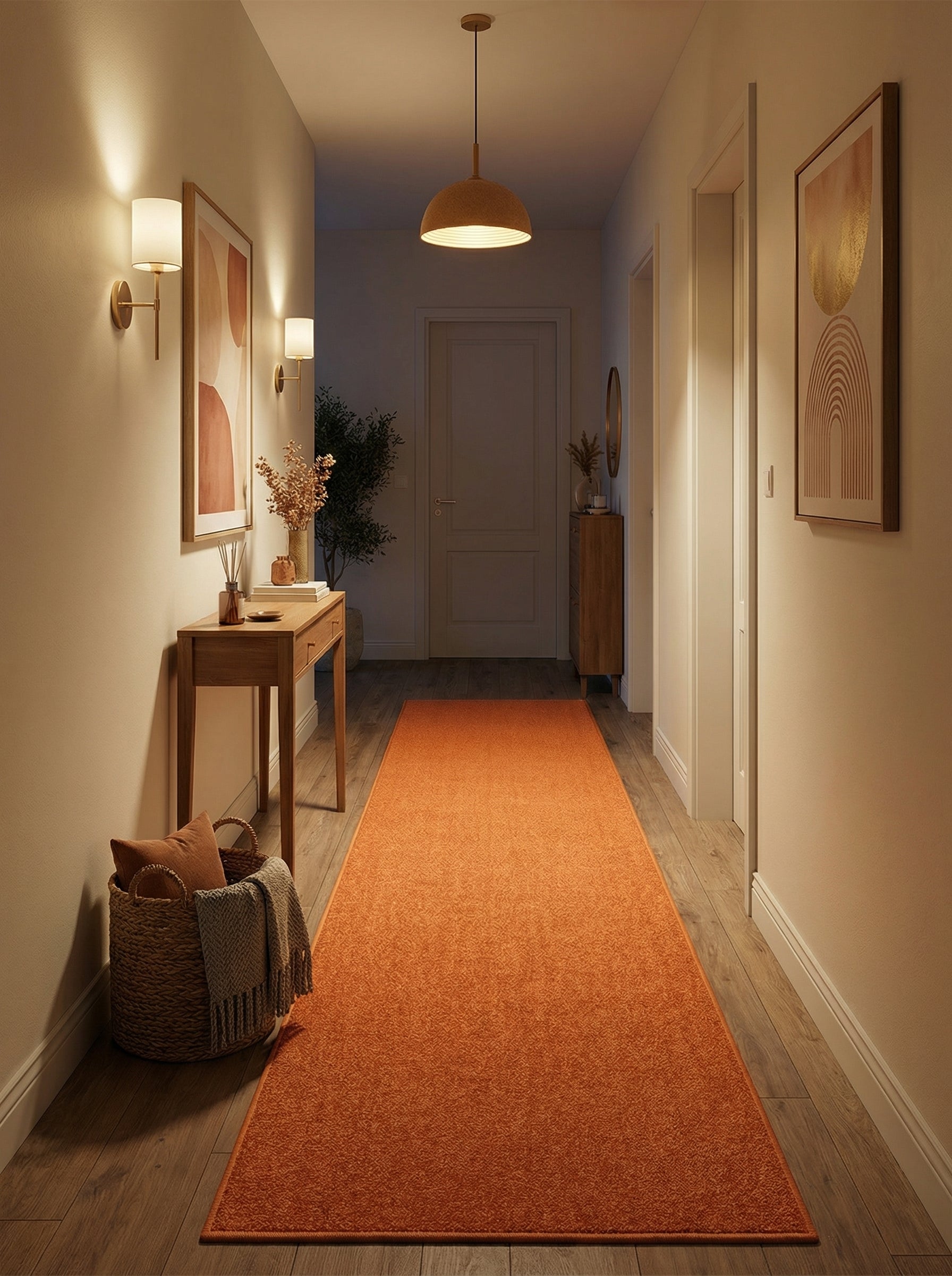 Tapis coureur orange-terracotta texturé de motifs discrets, posé sur un parquet dans un couloir décoré