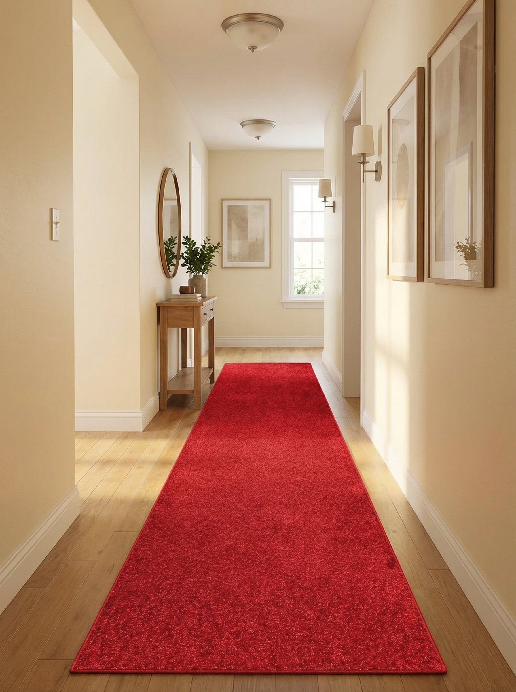 Long tapis de couloir rouge vif et moelleux, posé sur un parquet clair dans un couloir décoré