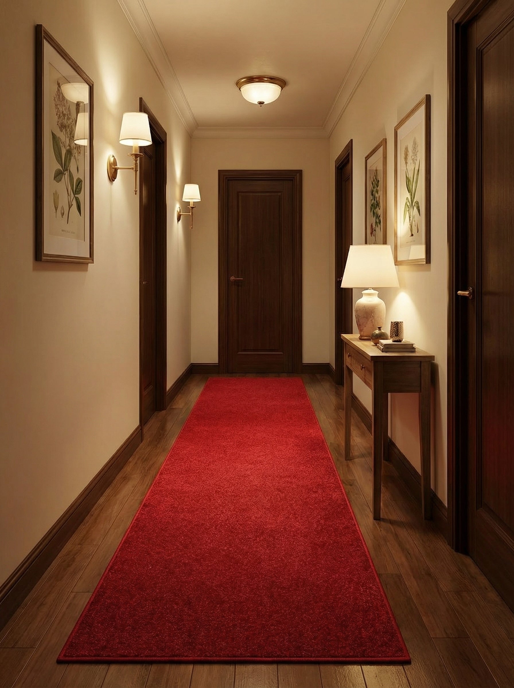 Long tapis de couloir rouge bordeaux à texture dense et motifs discrets, posé sur un parquet sombre dans un hall d'entrée élégant