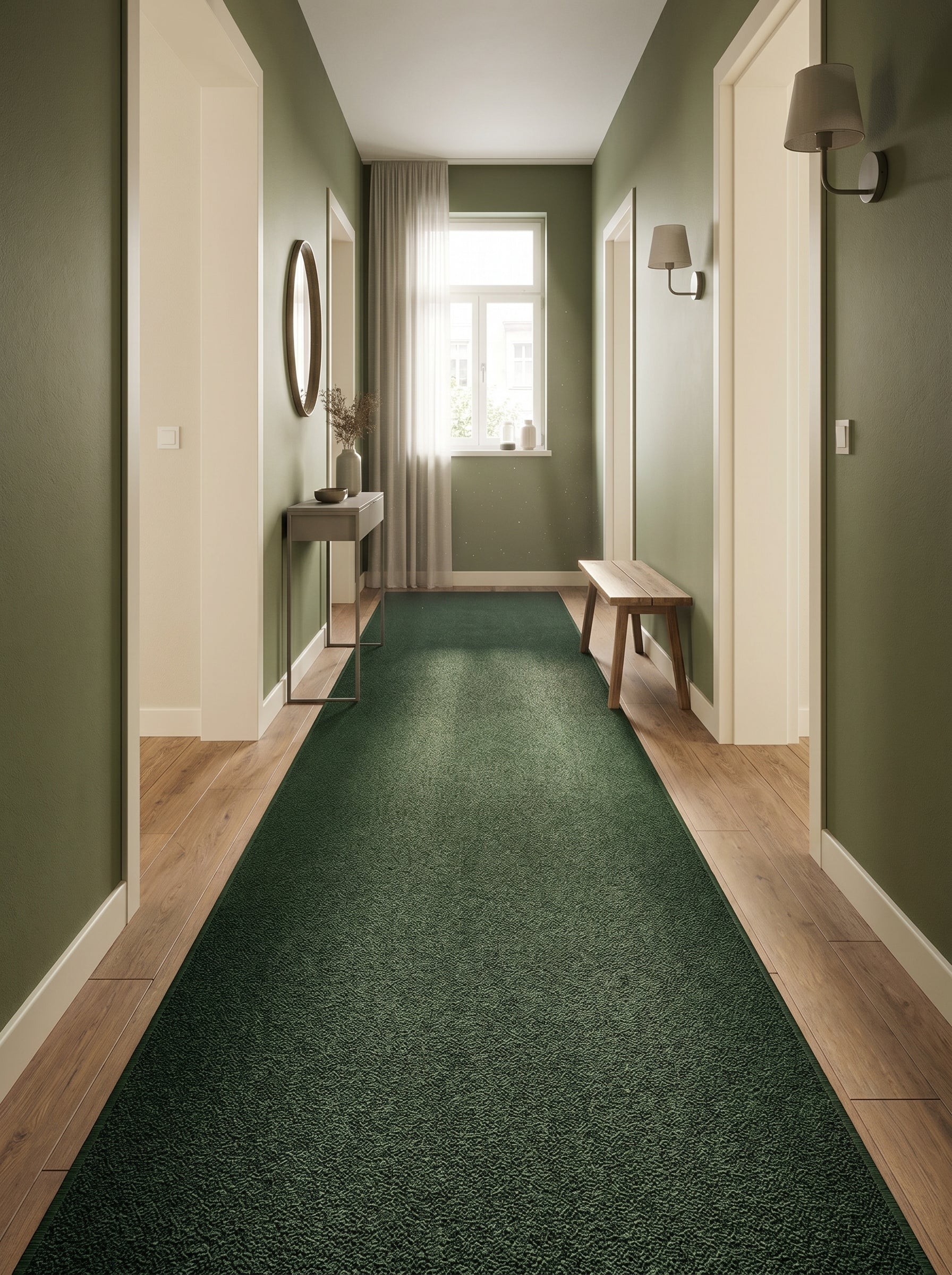 Long tapis de couloir vert forêt, à motifs texturés discrets, posé sur un parquet en bois clair dans une entrée