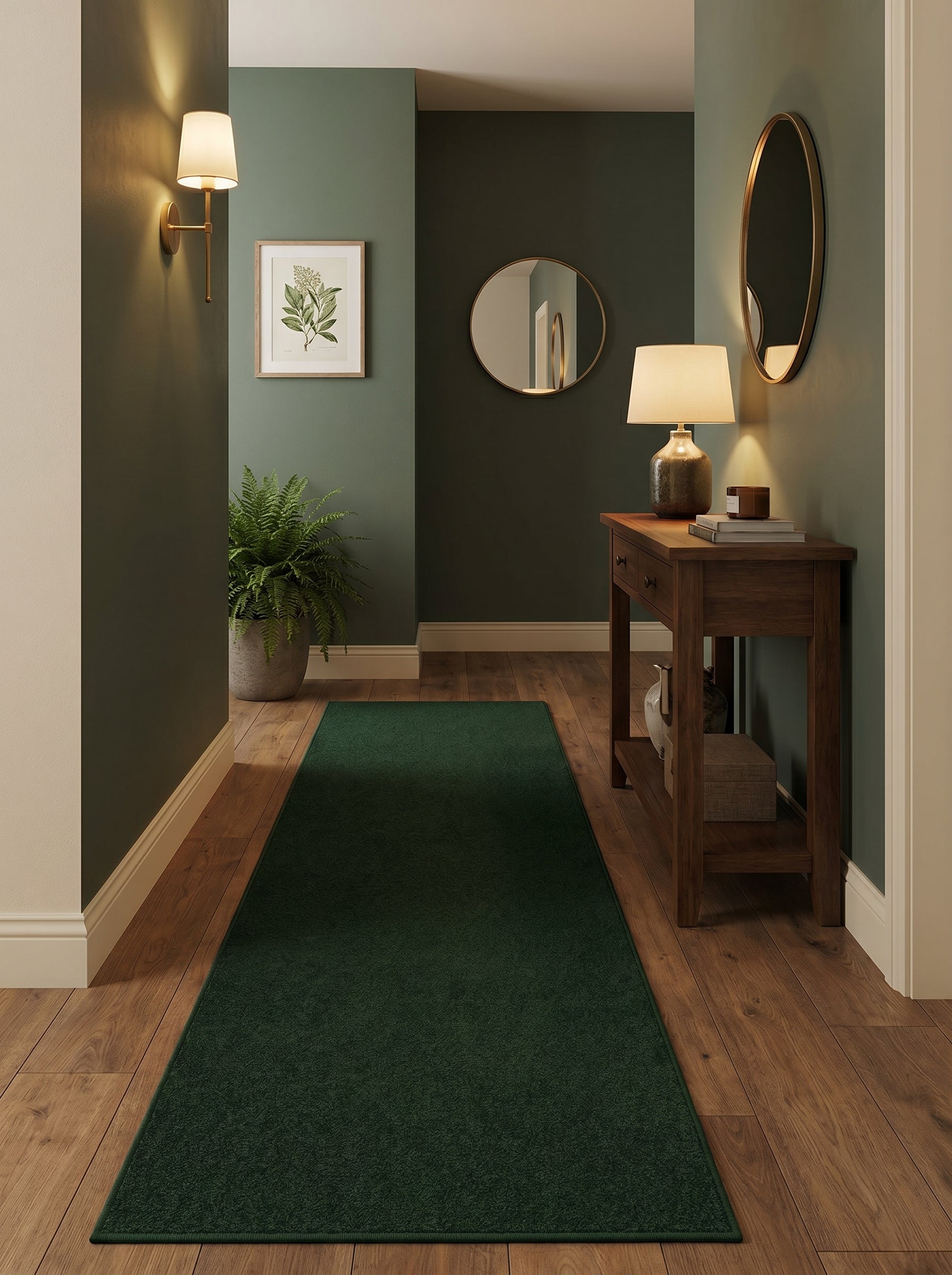 Un tapis long vert foncé uni et doux posé sur parquet clair dans une entrée élégante