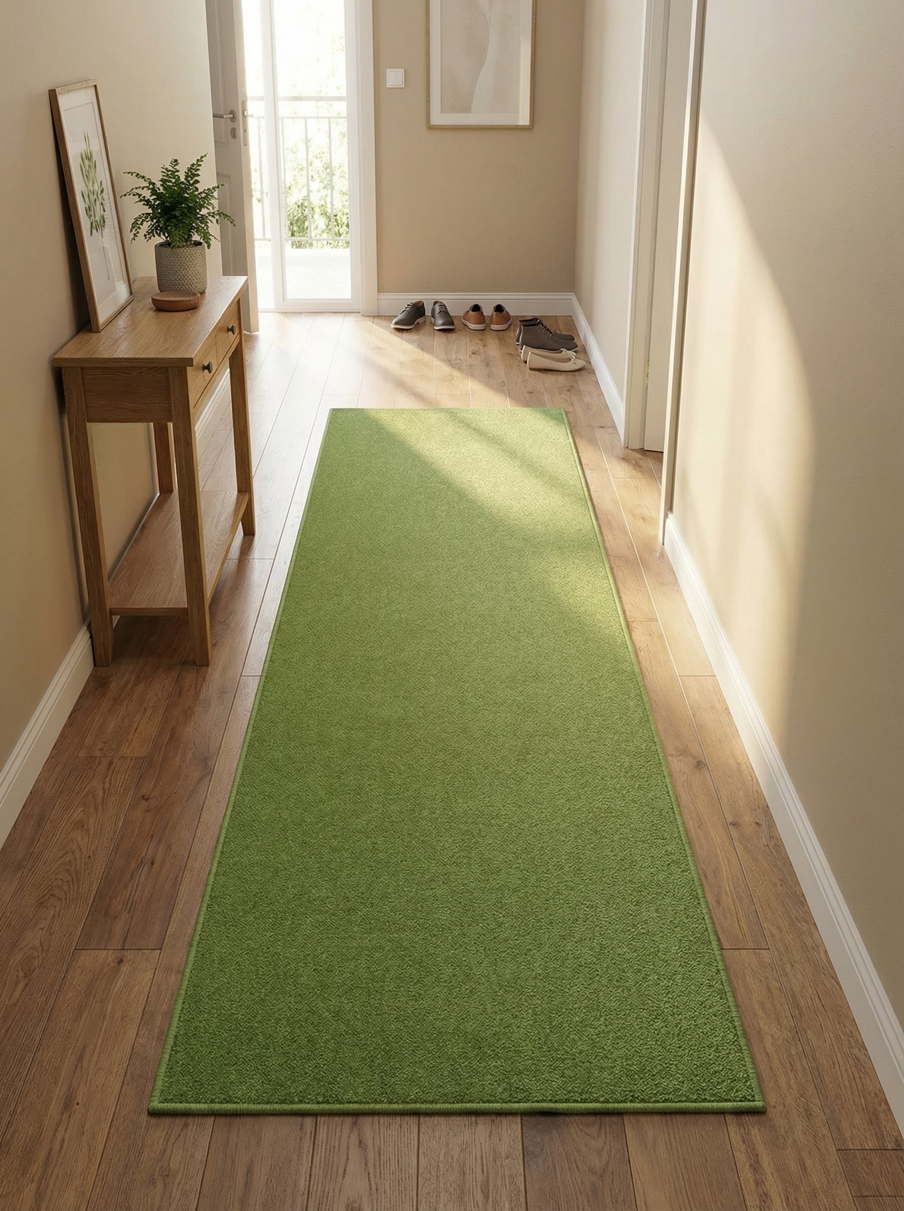 Long tapis de couloir vert avec un motif texturé subtil, posé sur un parquet en bois clair dans une entrée