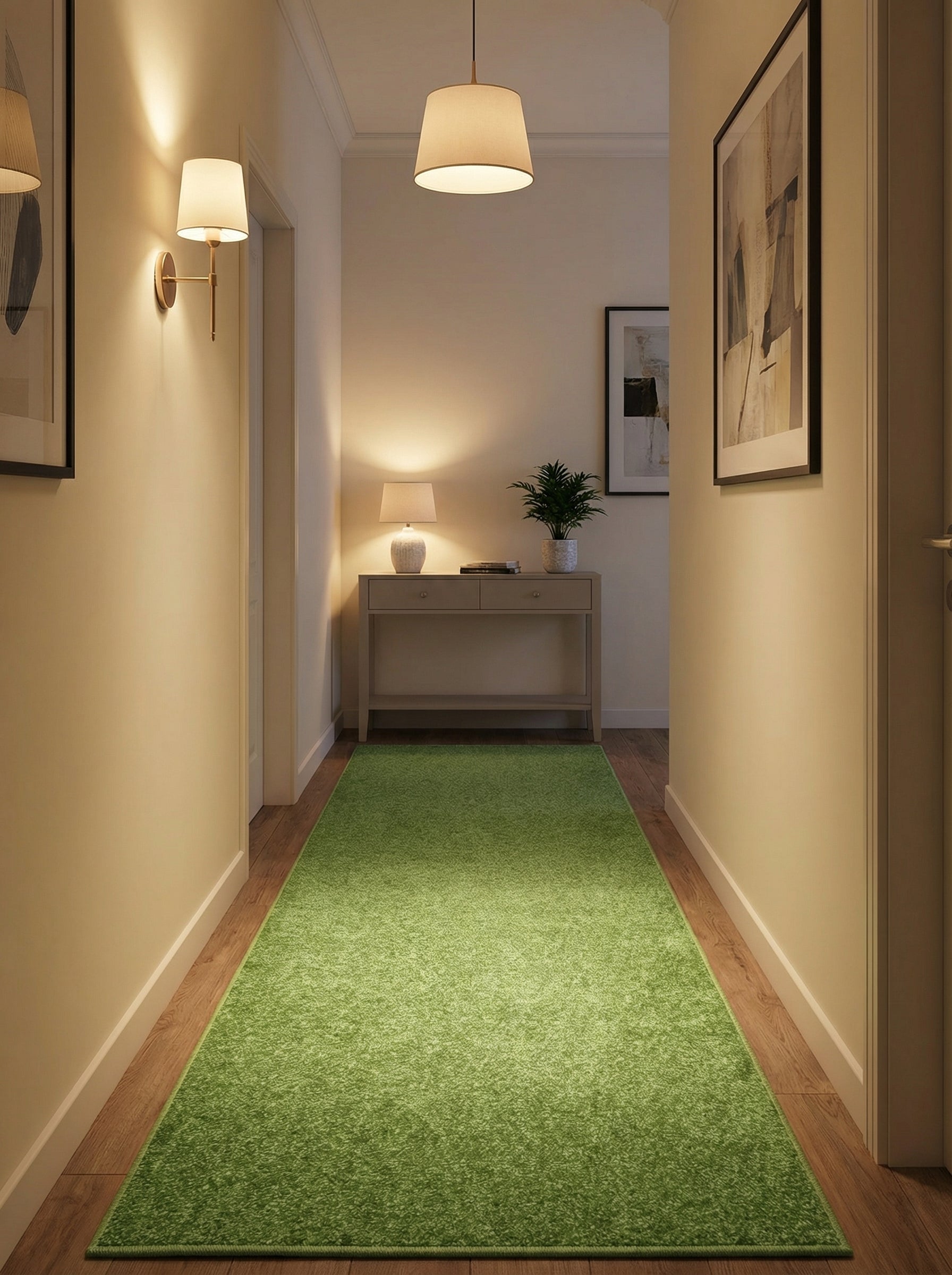 Tapis coureur rectangulaire vert vif à poils longs, posé sur un parquet en bois dans un couloir décoré et bien éclairé