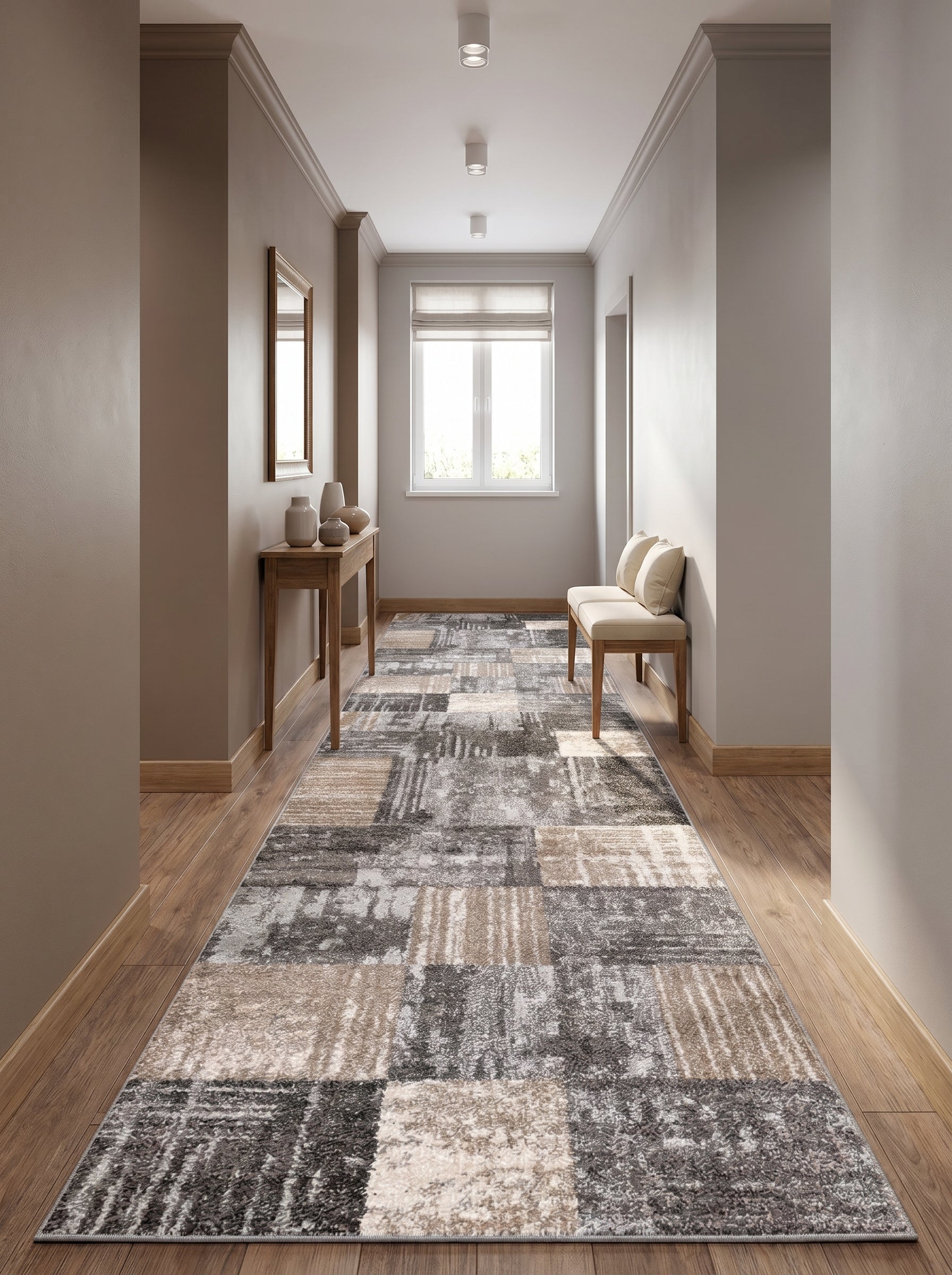 Tapis de couloir géométrique abstrait gris, beige et blanc cassé sur parquet d'entrée
