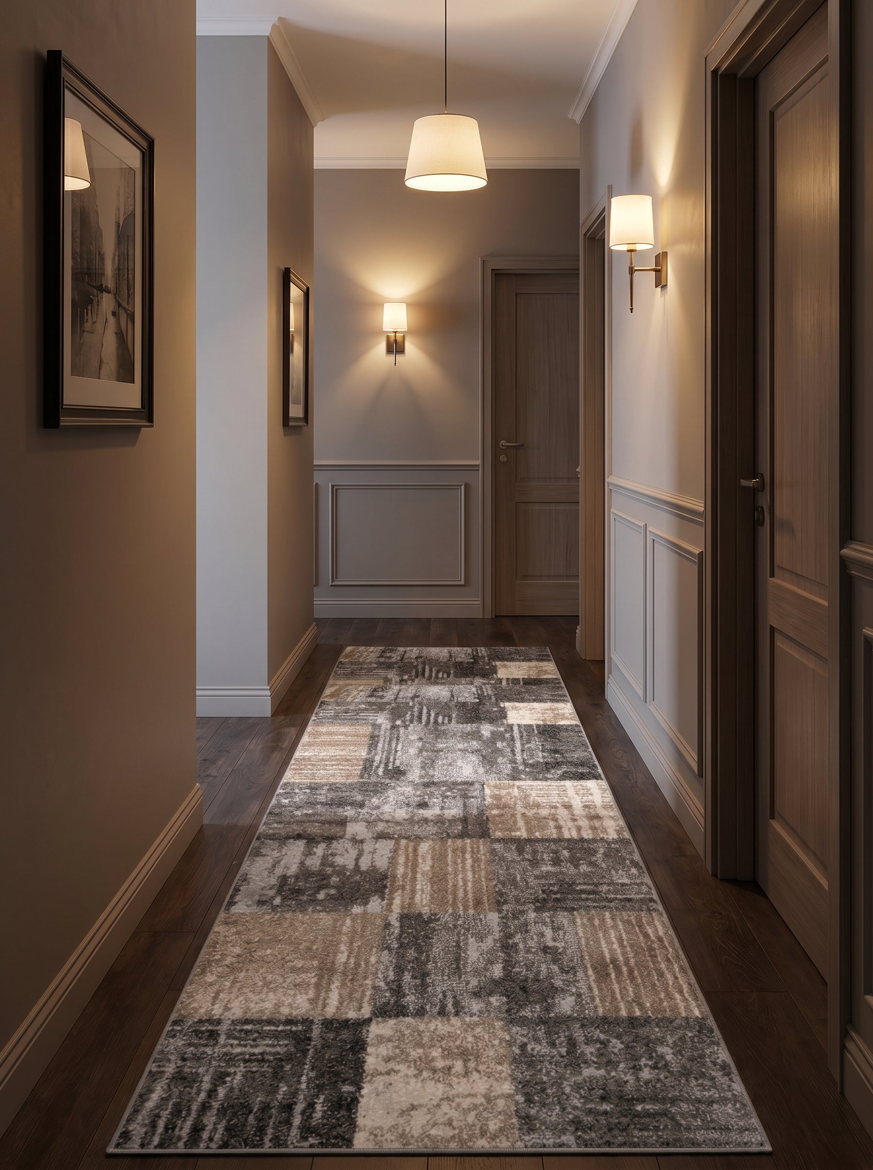 Tapis abstrait délavé aux blocs beiges et gris clair et foncé, sur un parquet sombre