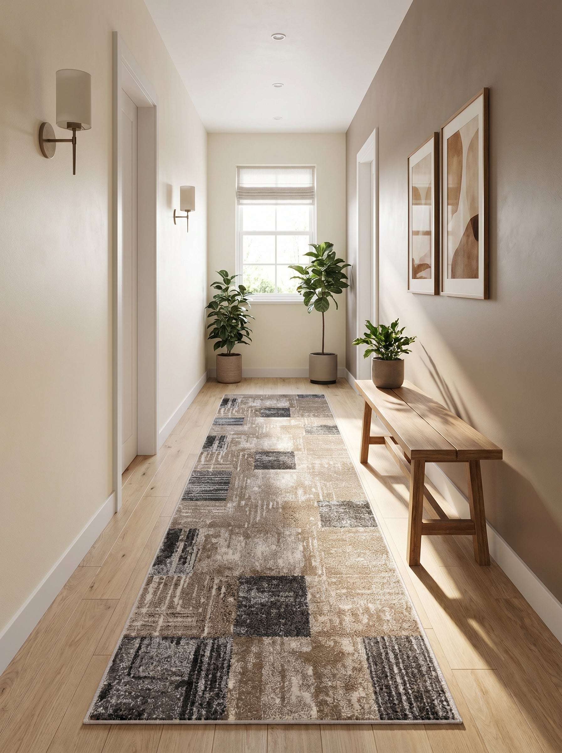 Tapis de couloir beige, gris foncé, marron clair, motifs abstraits texturés sur parquet