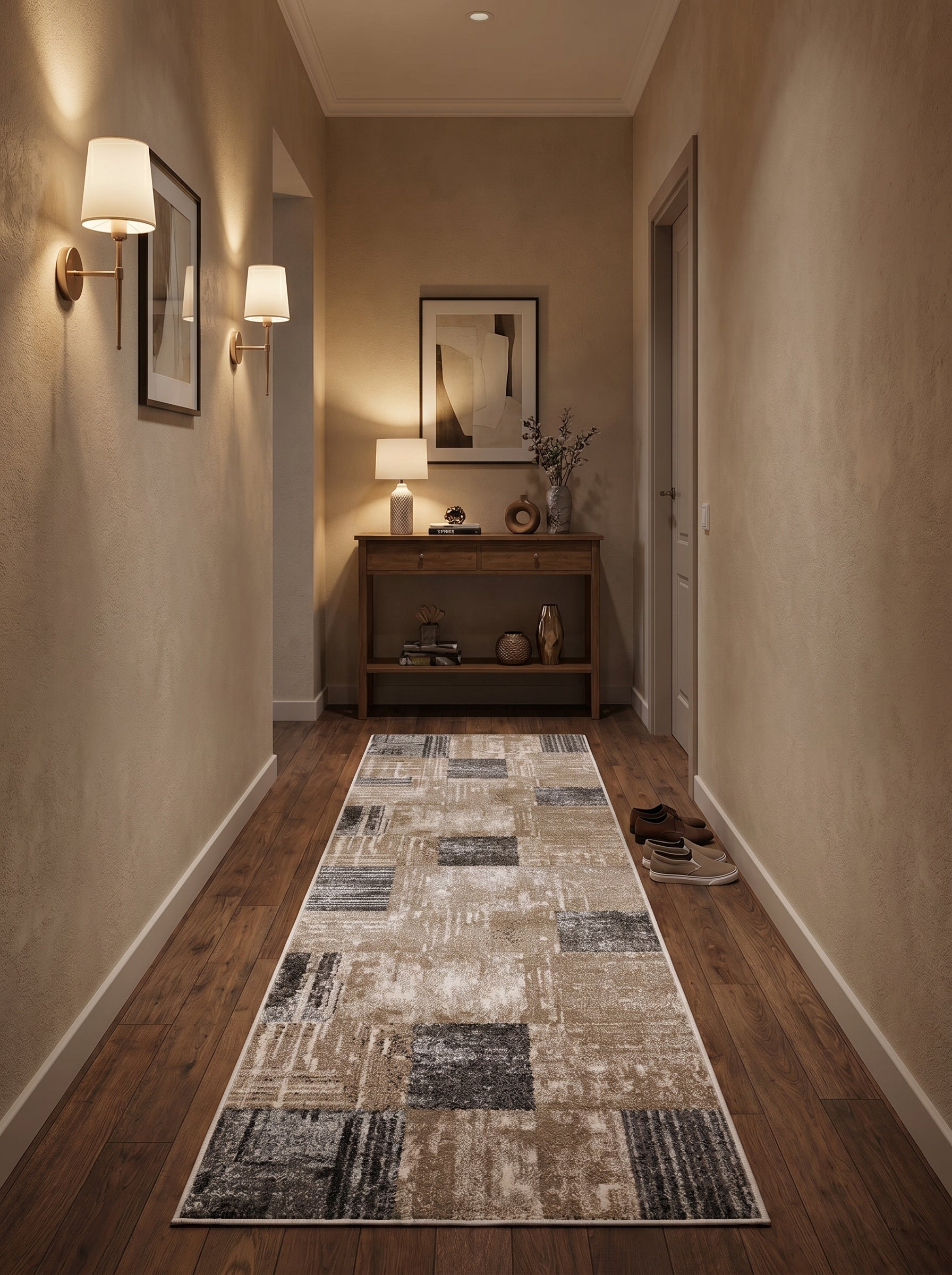 Tapis abstrait aux motifs de blocs beige, gris foncé et blanc cassé posé dans un couloir