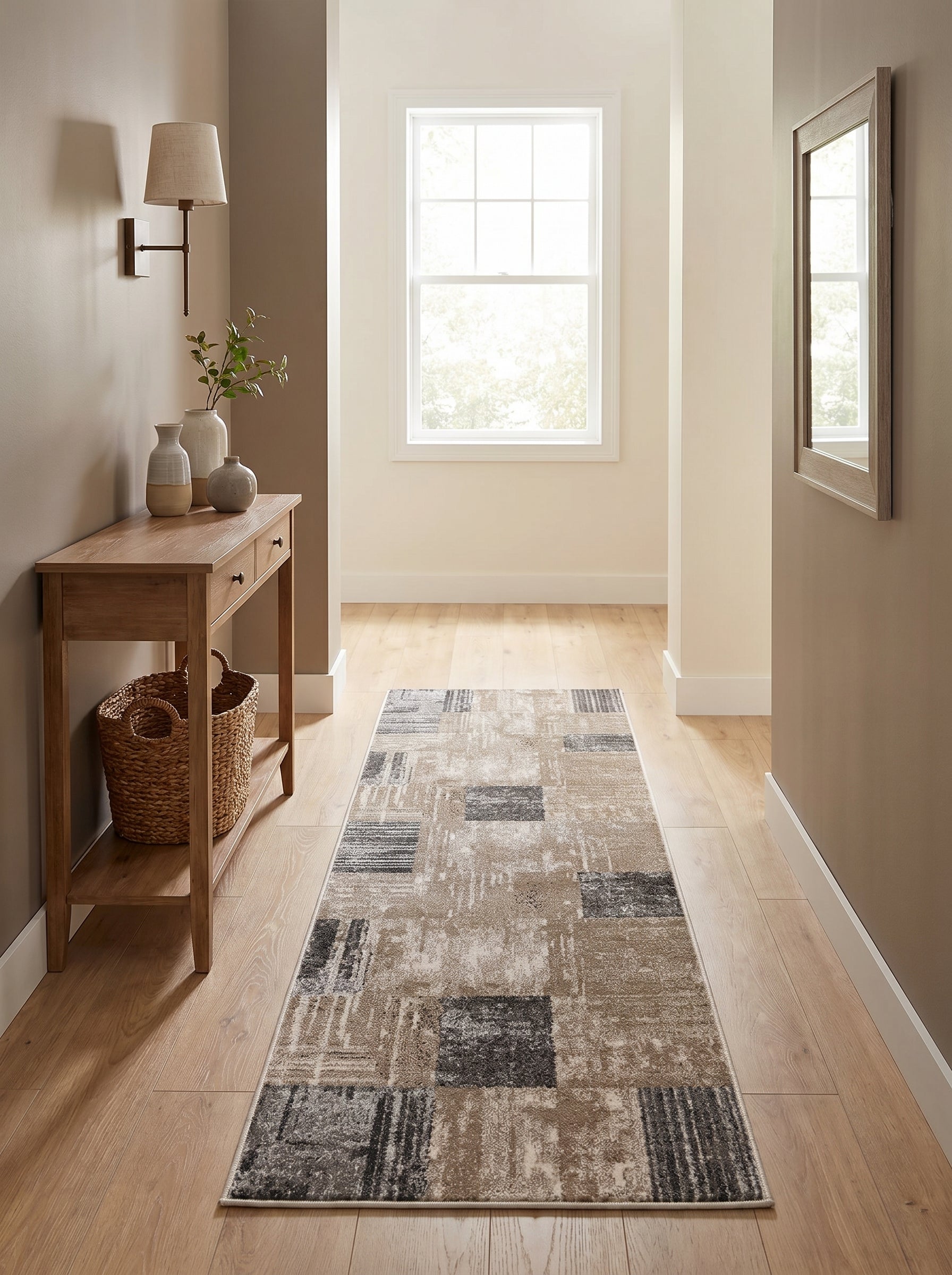Tapis rectangulaire aux motifs abstraits géométriques beige, gris clair et anthracite, sur un parquet clair dans un couloir