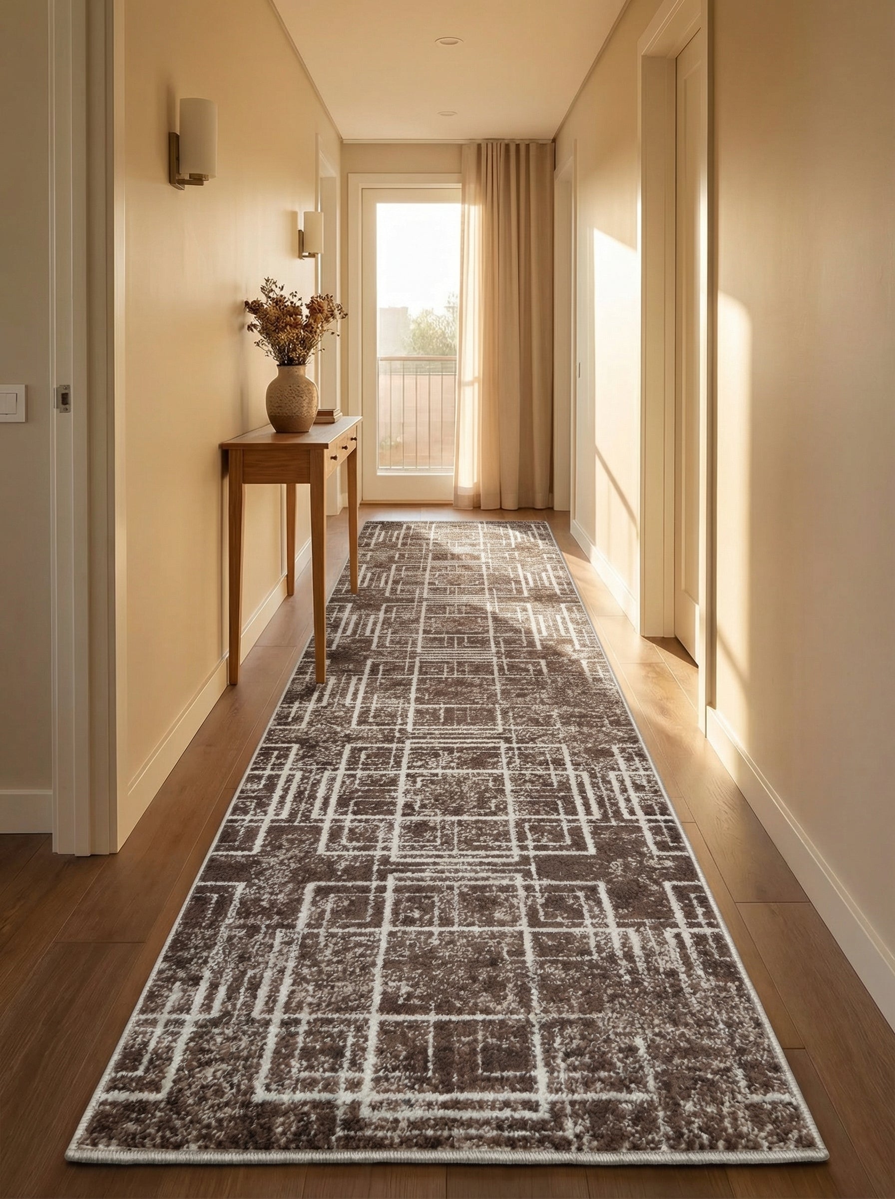 Tapis coureur marron foncé à motifs géométriques abstraits blancs/crème, posé sur un parquet dans un long couloir lumineux