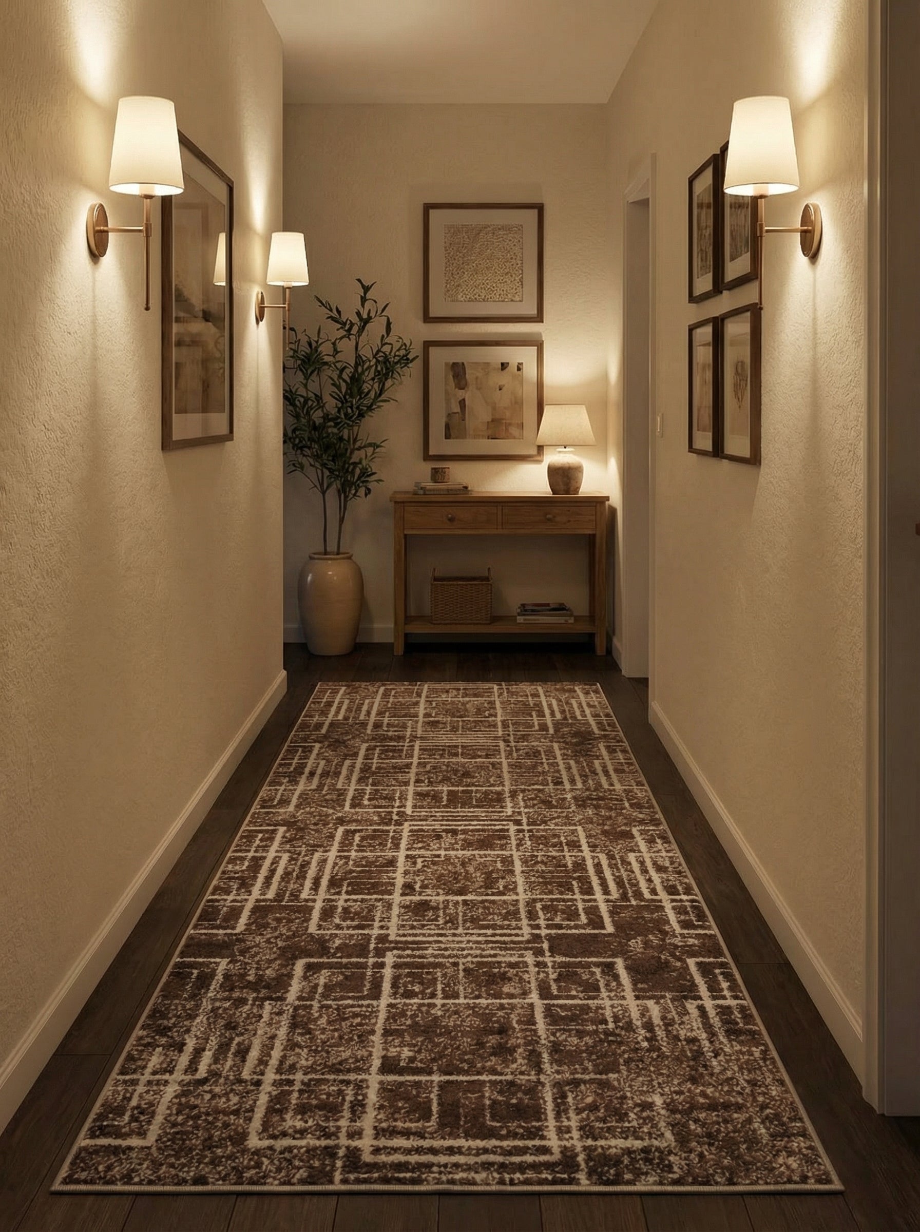 Tapis de couloir marron aux motifs géométriques crème et blancs d'apparence vieillie sur parquet foncé dans un long couloir