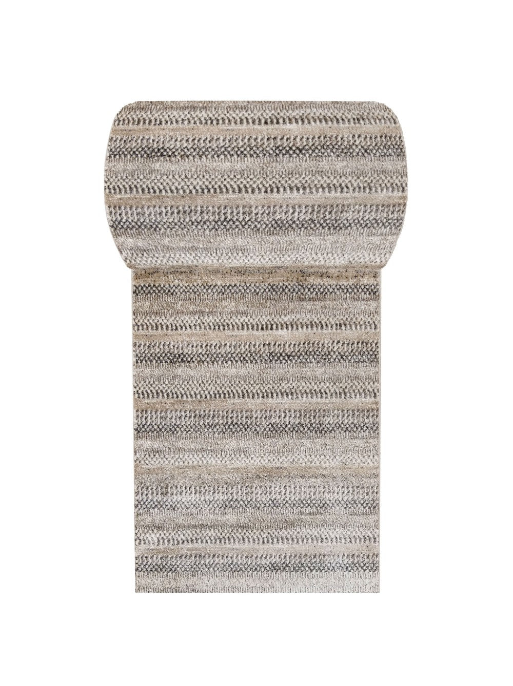 Tapis moelleux à rayures horizontales mélangées beige, gris clair et gris foncé, une extrémité est roulée
