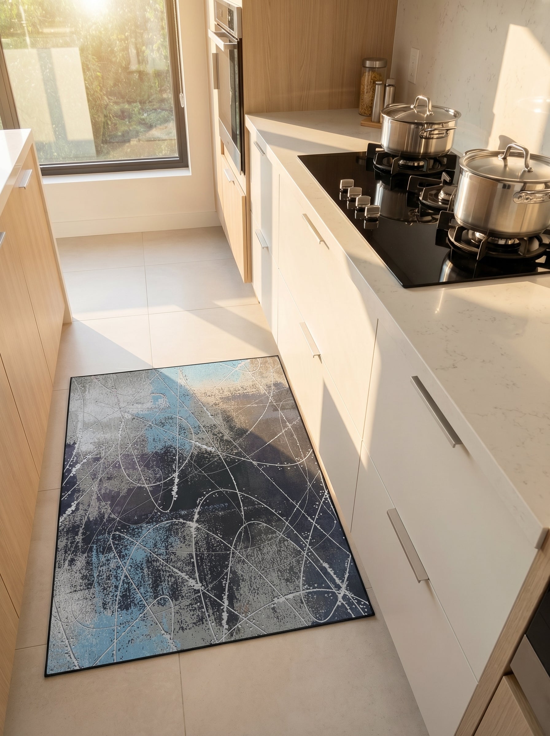 Grand tapis rectangulaire aux motifs abstraits bleus, gris et noirs, strié de fines lignes blanches, sur le sol carrelé d'une cuisine