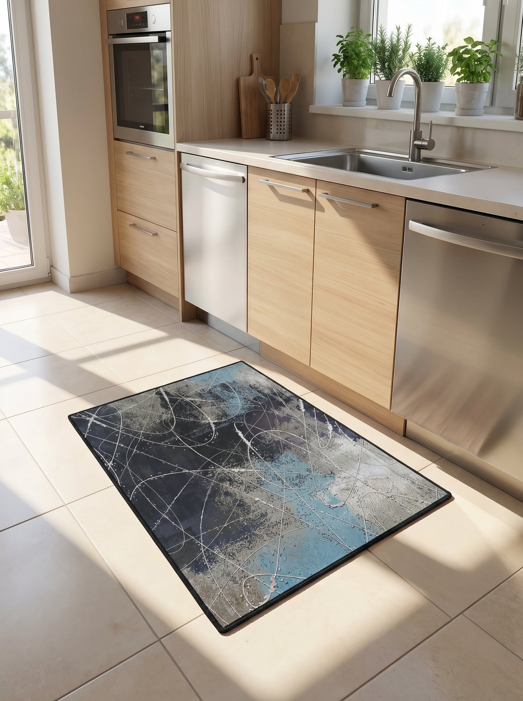 Tapis rectangulaire aux motifs abstraits bleus, gris et blancs rappelant des éclaboussures de peinture, posé sur le carrelage clair d'une cuisine moderne