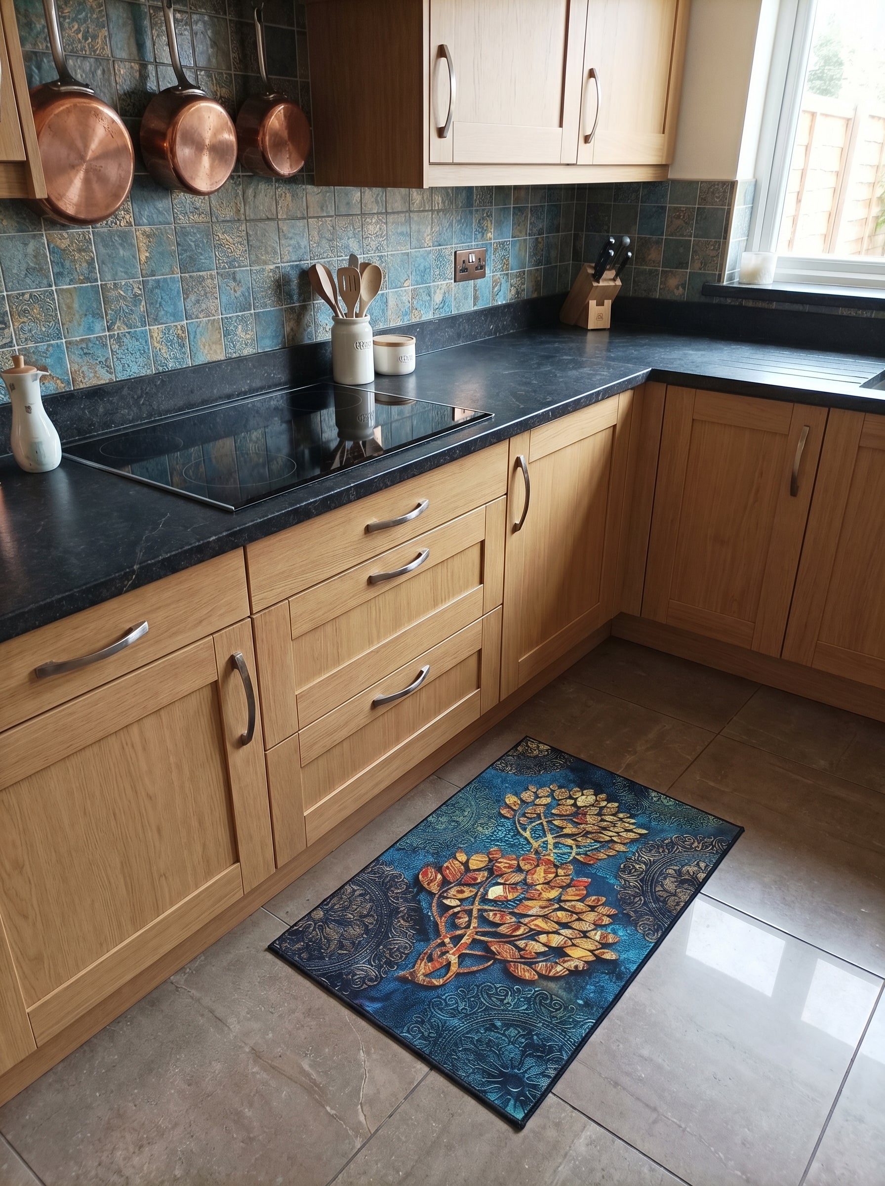 Tapis rectangulaire bleu intense avec motifs dorés d'arbre stylisé aux feuilles ocre et arabesques, posé sur le carrelage d'une cuisine