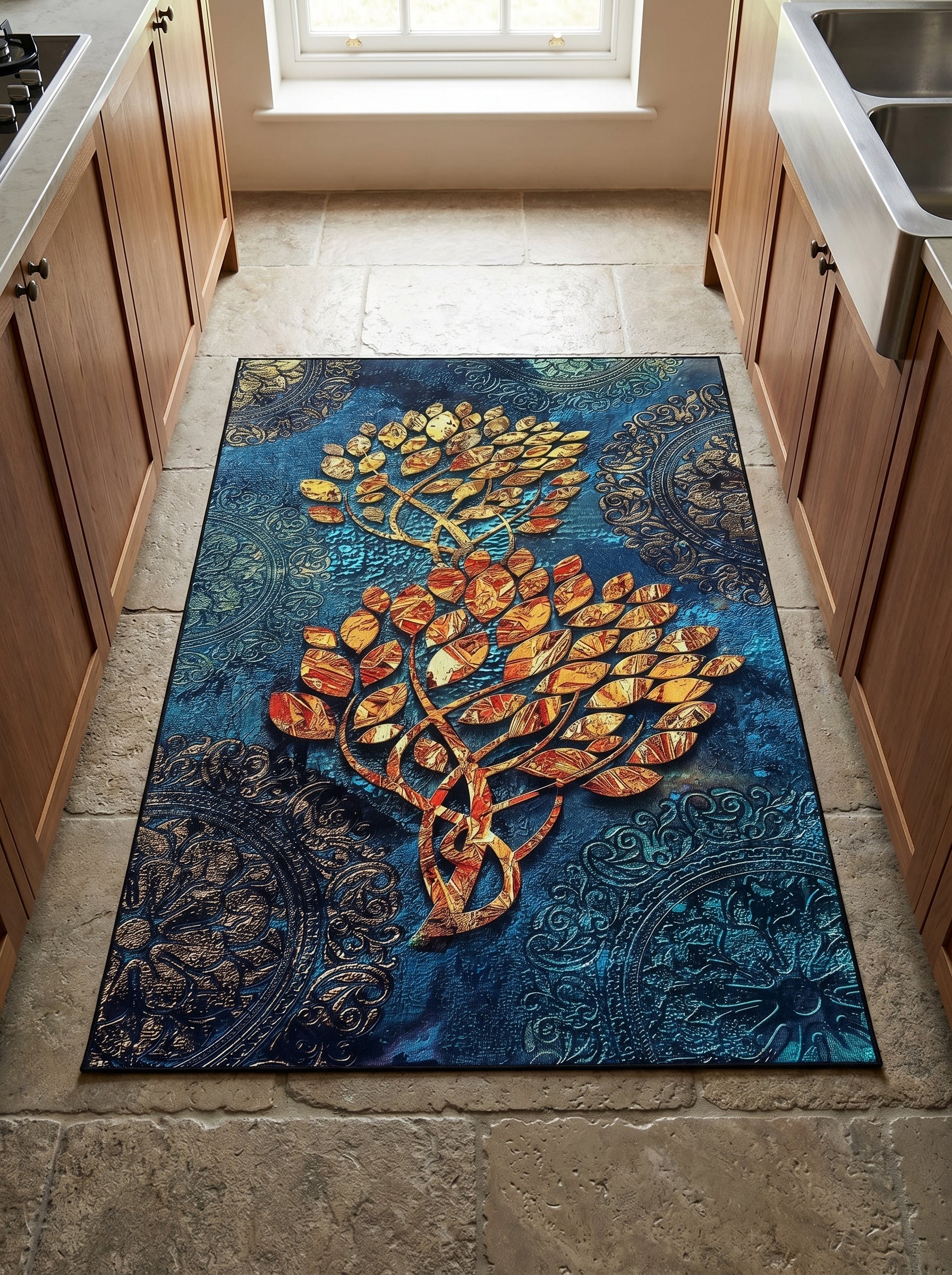 Tapis rectangulaire bleu-vert profond, avec motifs d'arbres et mandalas dorés brillants, sur un sol en pierre dans une cuisine