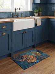 Tapis rectangulaire bleu foncé avec motifs ornementaux dorés et dessin de branches fleuries oranges, dans une cuisine moderne