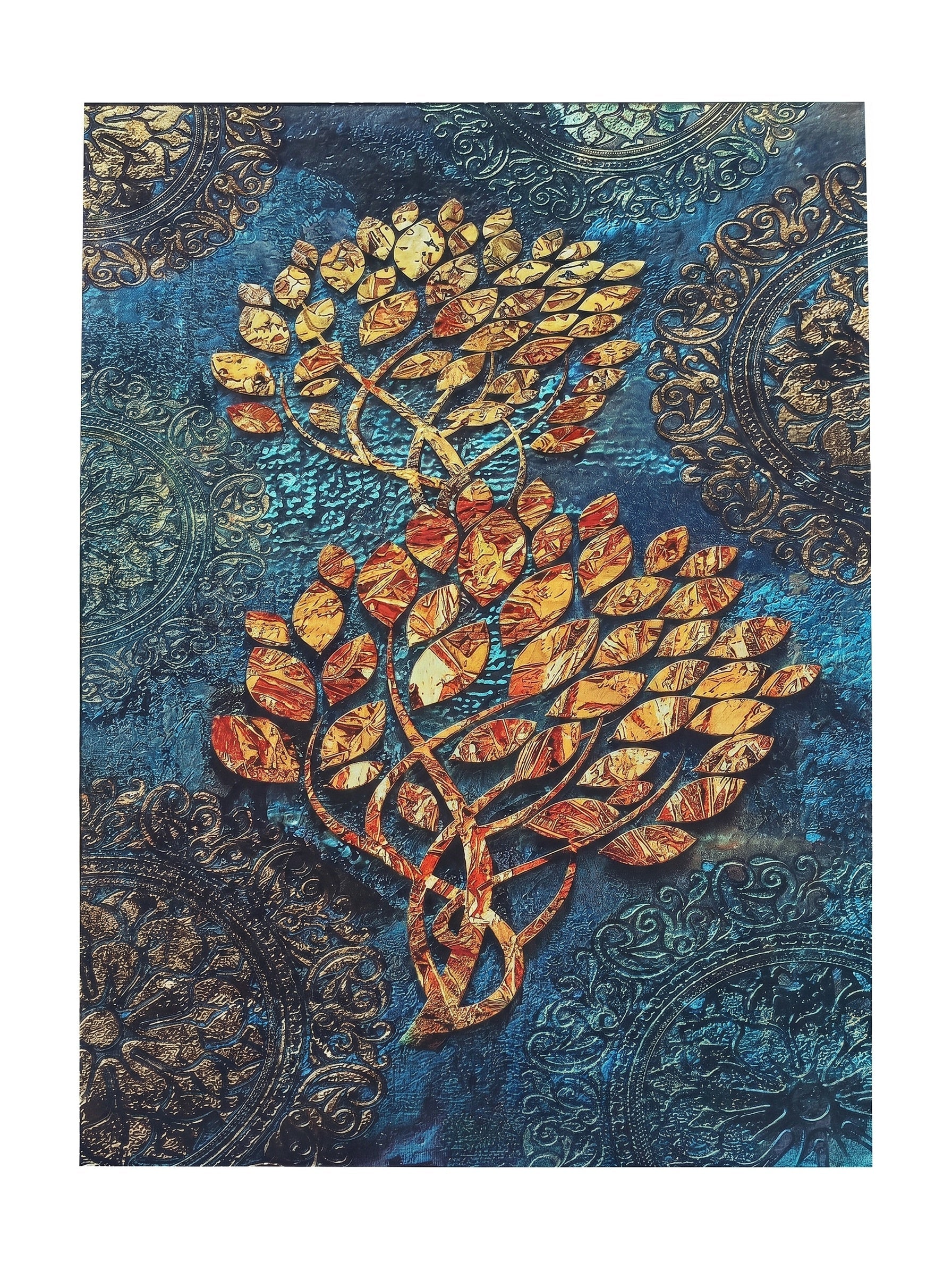 Tapis aux nuances de bleu et turquoise, orné de deux arbres stylisés aux feuilles dorées et cuivrées, sur fond de motifs ornementaux texturés