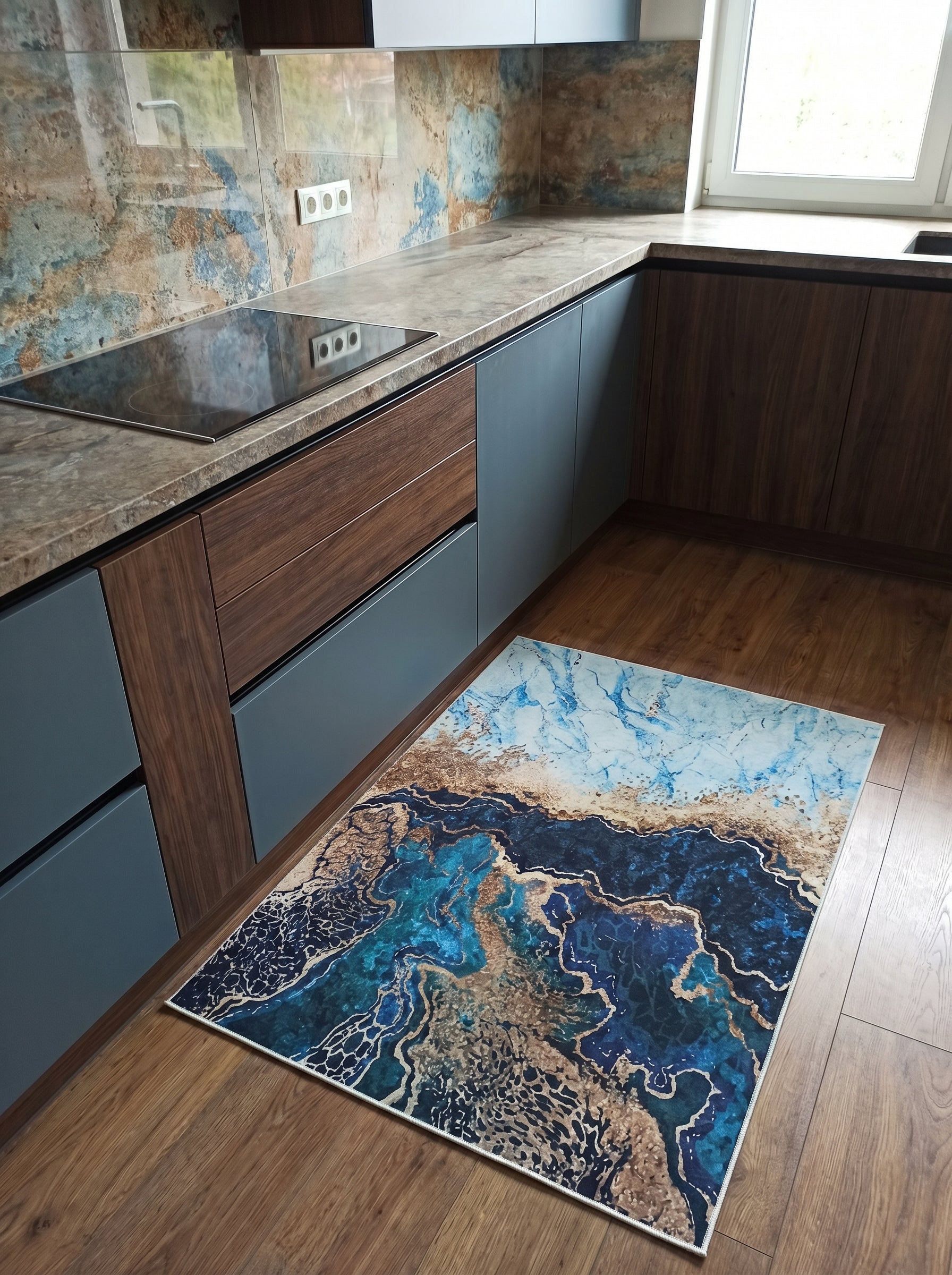 Tapis rectangulaire aux motifs abstraits marins de bleu, turquoise et or, avec des veines claires, posé au sol d'une cuisine moderne
