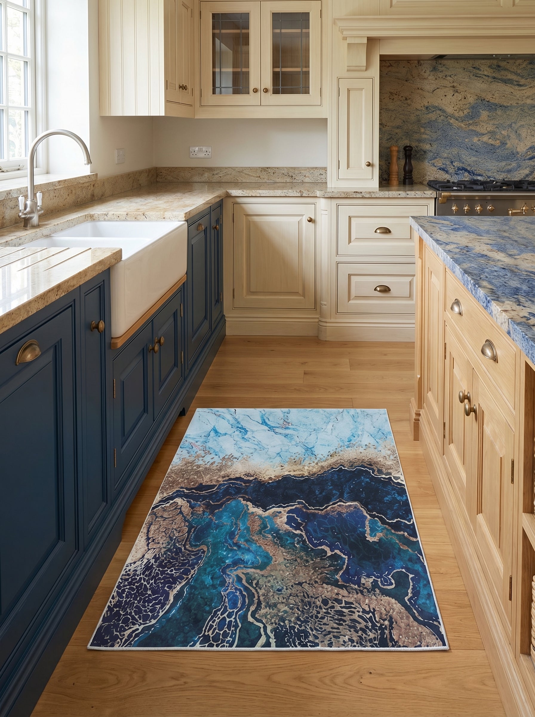 Tapis rectangulaire aux motifs fluides et marbrés de bleus, turquoise, or et bronze, posé sur le parquet d'une cuisine