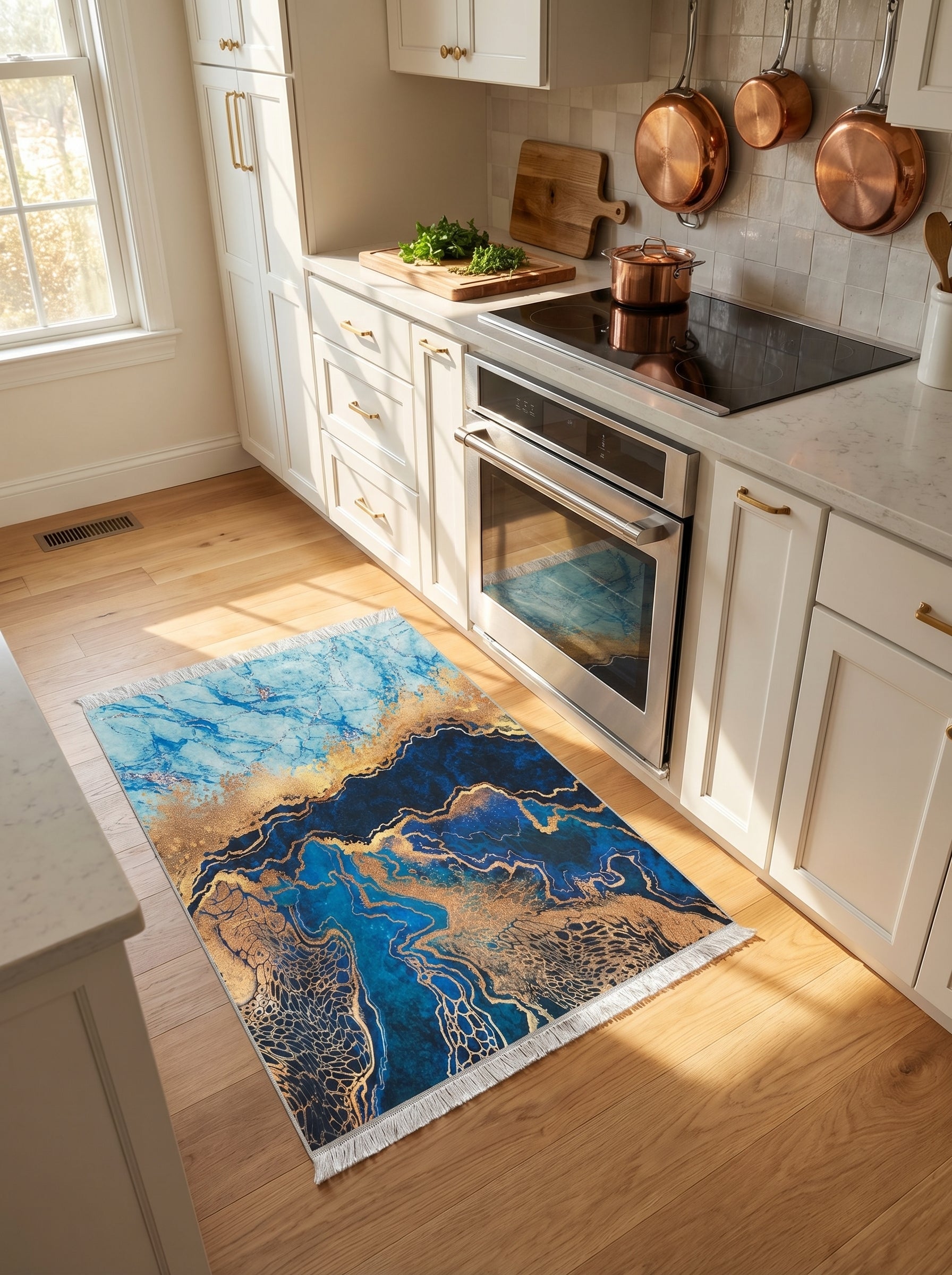 Tapis rectangulaire à motifs marbrés bleu marine, turquoise et doré, avec franges, sur un parquet clair dans une cuisine élégante