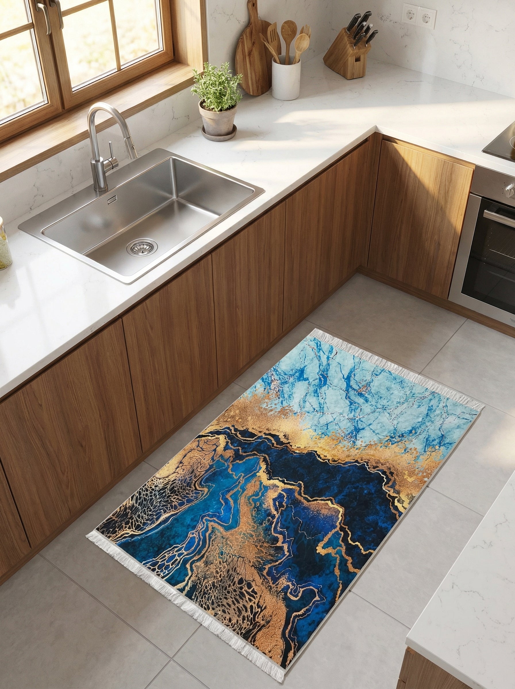 Tapis rectangulaire à franges, motif abstrait marbré bleu et doré, posé sur le carrelage d'une cuisine