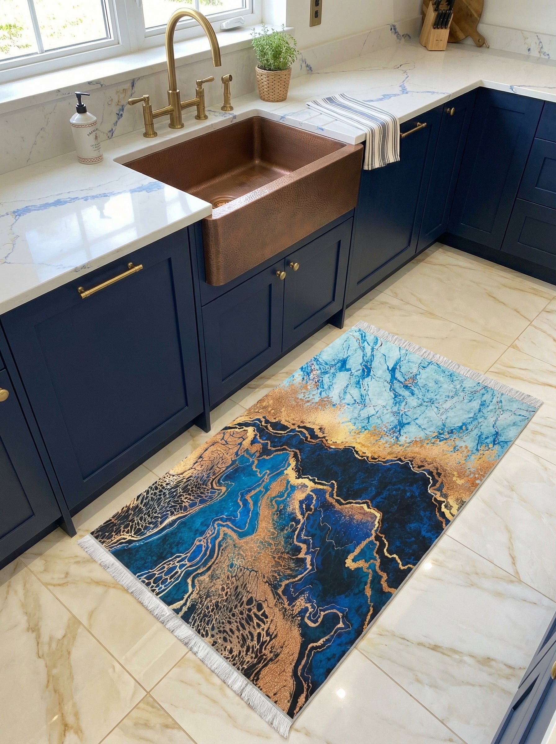Tapis rectangulaire à franges, motifs abstraits marbrés bleus profonds et dorés métalliques, sur le sol d'une cuisine