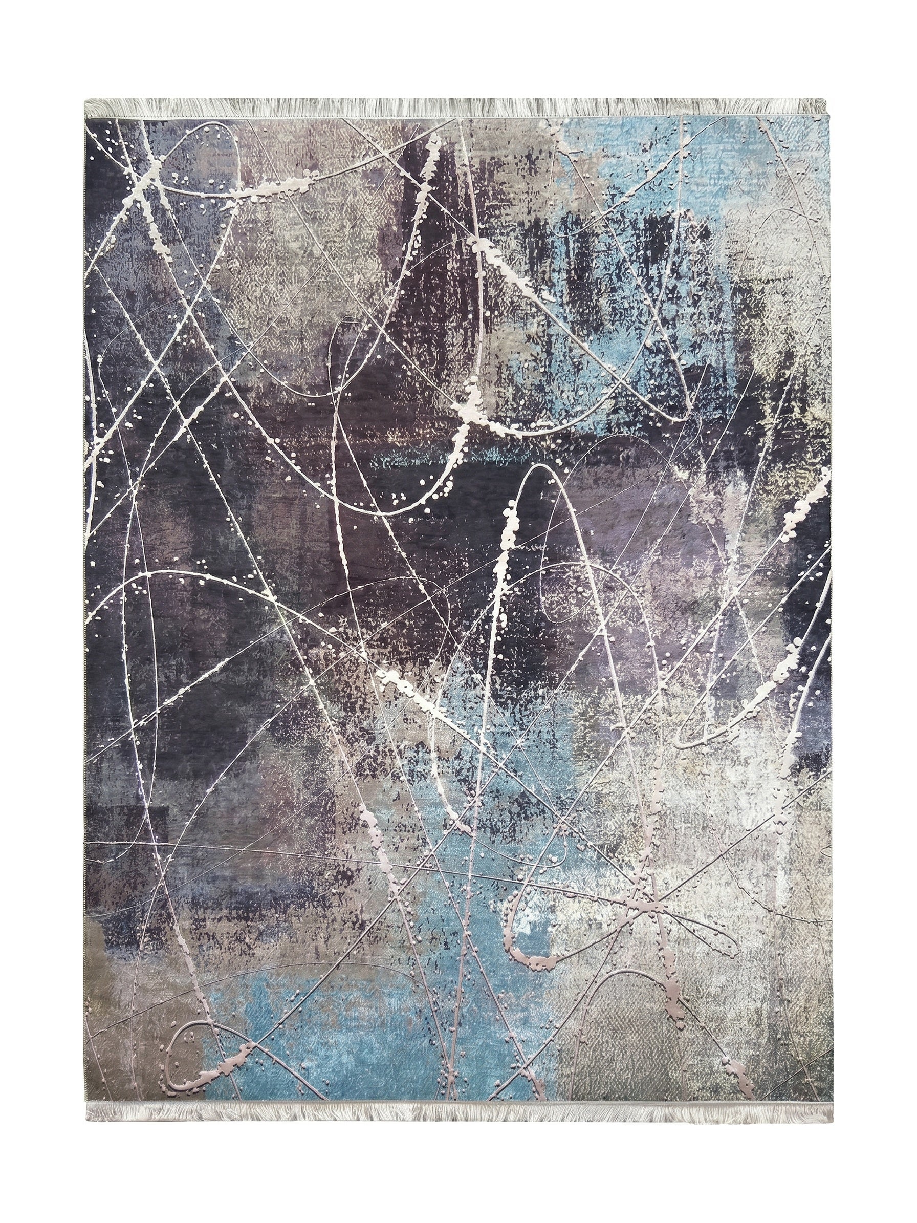 Tapis à motifs abstraits bleus, gris et beiges, orné de lignes et de points texturés blancs et rosés