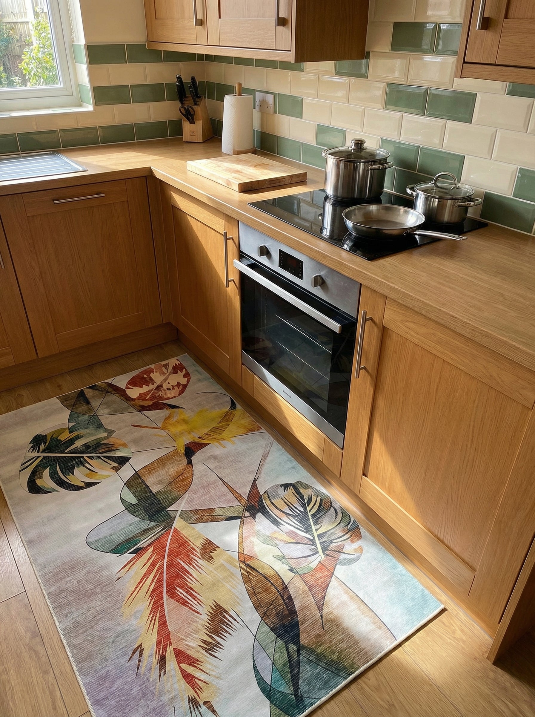 Tapis rectangulaire aux motifs abstraits de feuilles dans des tons de vert, orange, jaune et marron sur fond clair, posé dans une cuisine
