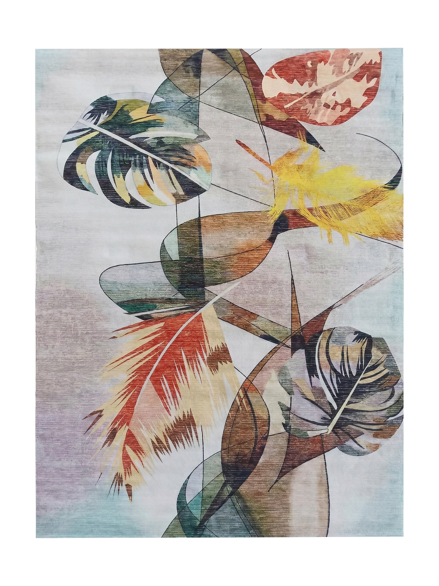 Tapis textile coloré, motifs abstraits de formes organiques et végétales aux couleurs vives sur un fond clair dégradé