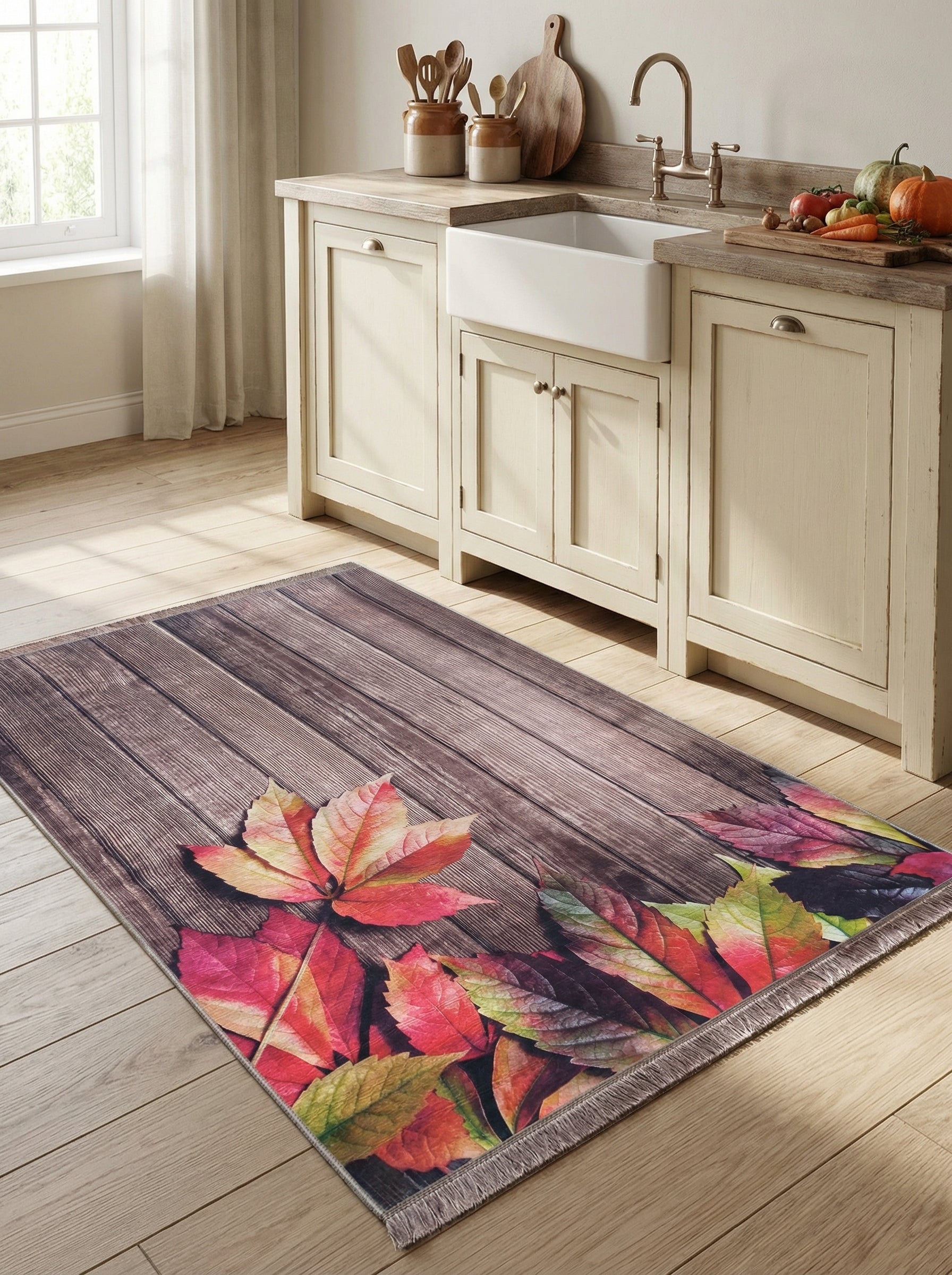 Tapis rectangulaire imprimé planches de bois foncées et feuilles d'automne aux couleurs vives, sur le sol d'une cuisine