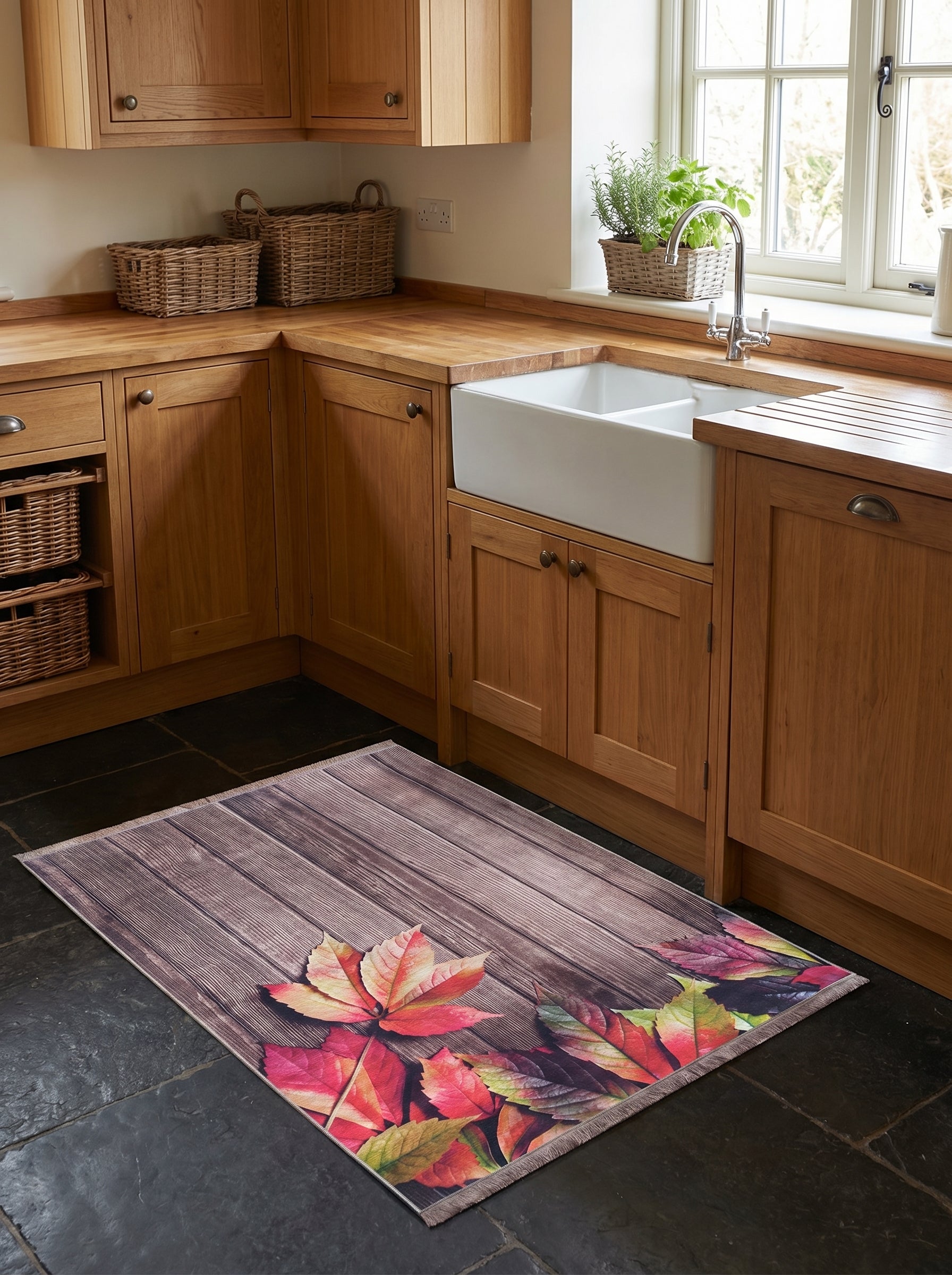 Tapis rectangulaire à motif de planches de bois foncées, orné de feuilles d'automne rouges, oranges et vertes vives, dans une cuisine rustique