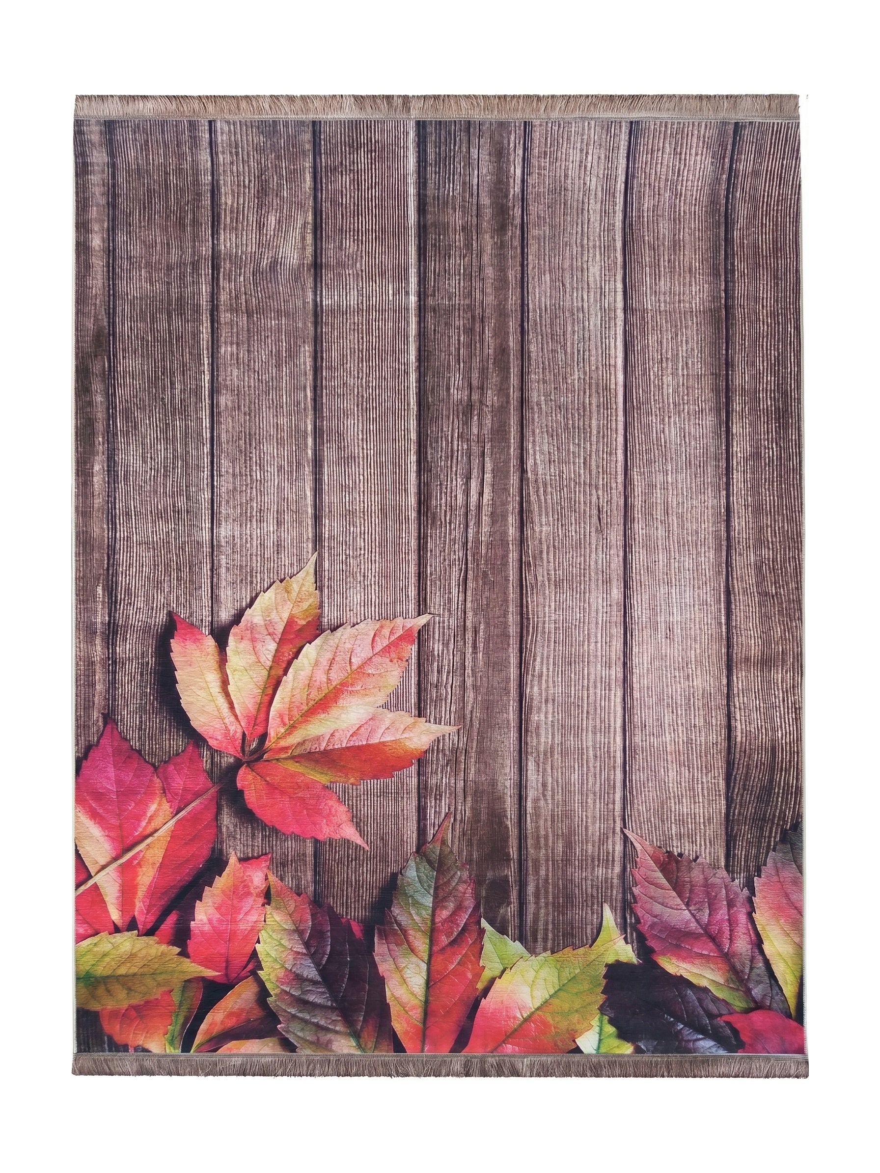 Tapis rectangulaire à motif de planches de bois marron et un parterre de feuilles d'automne multicolores avec franges