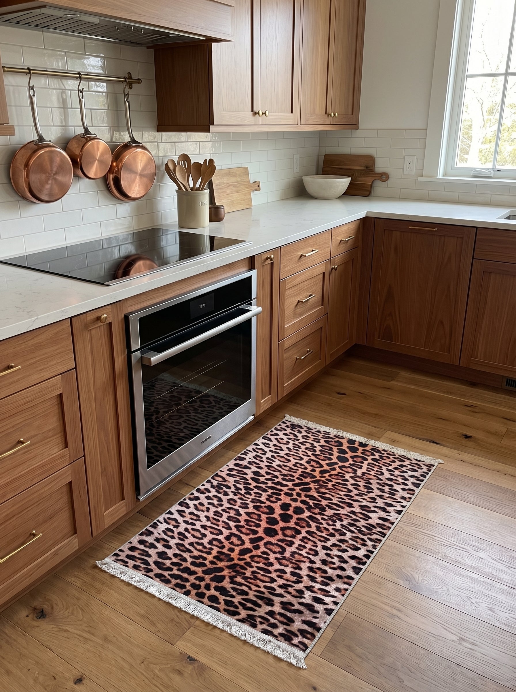 Tapis de couloir rectangulaire à imprimé léopard ocre et noir, avec des franges, sur le parquet d'une cuisine en bois clair