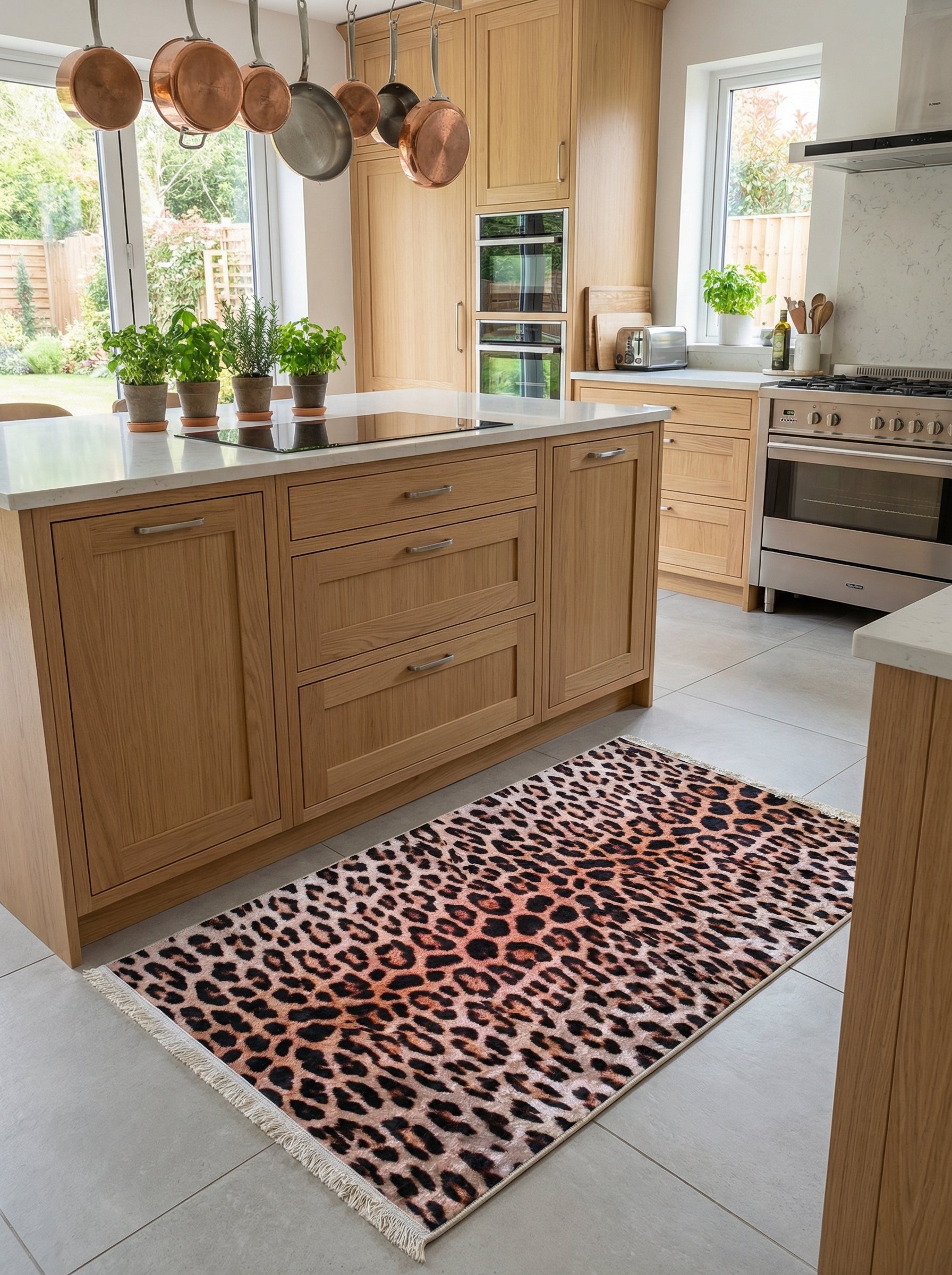Tapis rectangulaire motif léopard aux taches noires et marron sur fond crème, franges claires, dans une cuisine lumineuse