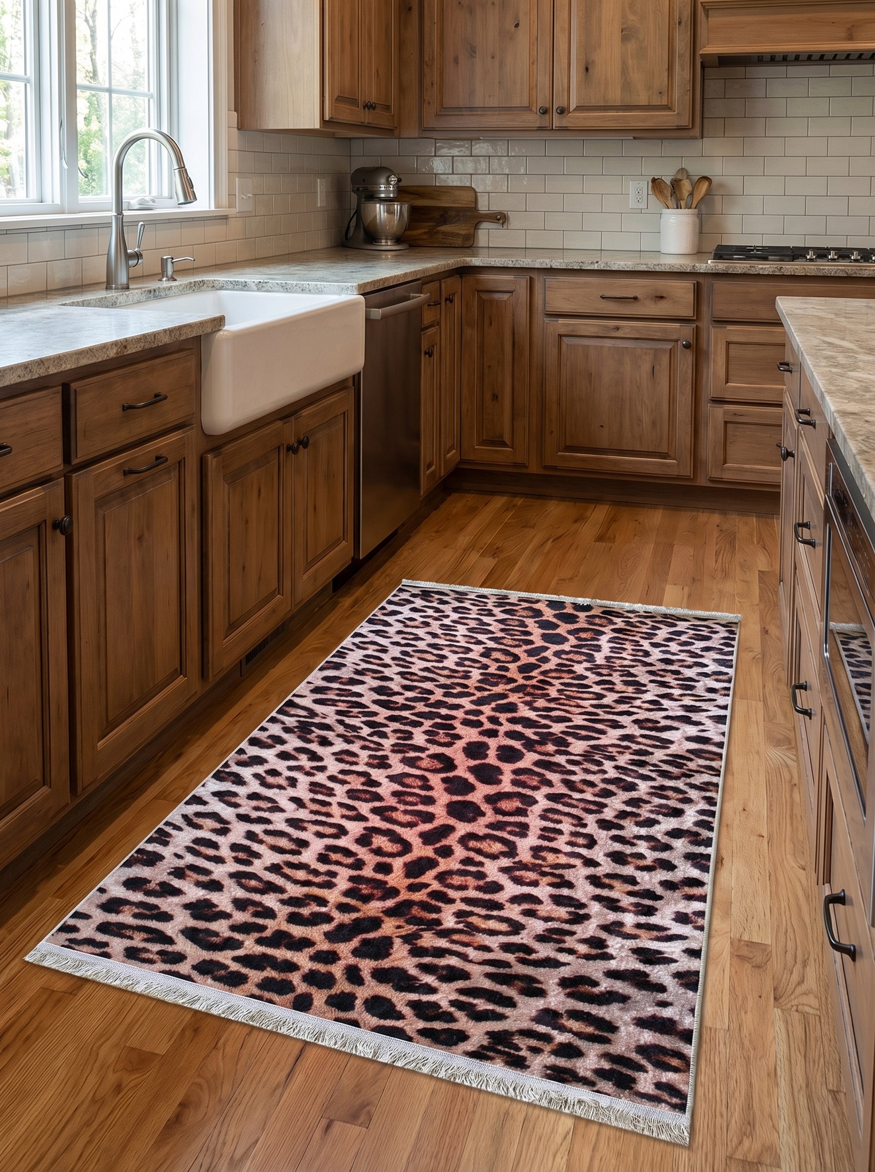 Tapis rectangulaire à motif léopard, taches sombres sur fond crème et rosé, bordé de franges claires, dans une cuisine lumineuse