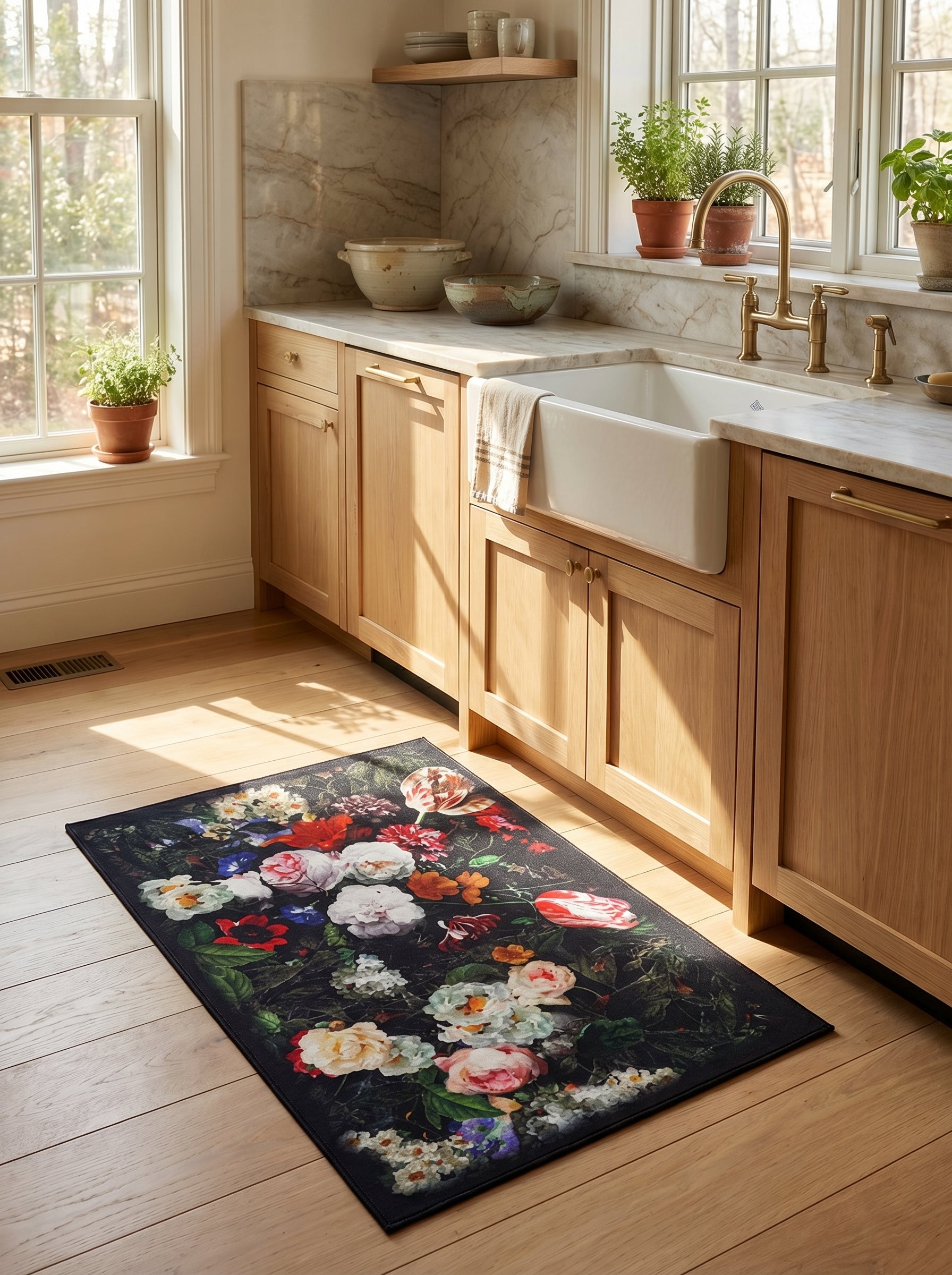 Tapis rectangulaire à fond sombre orné de motifs floraux vifs et variés dans une cuisine lumineuse aux meubles en bois clair