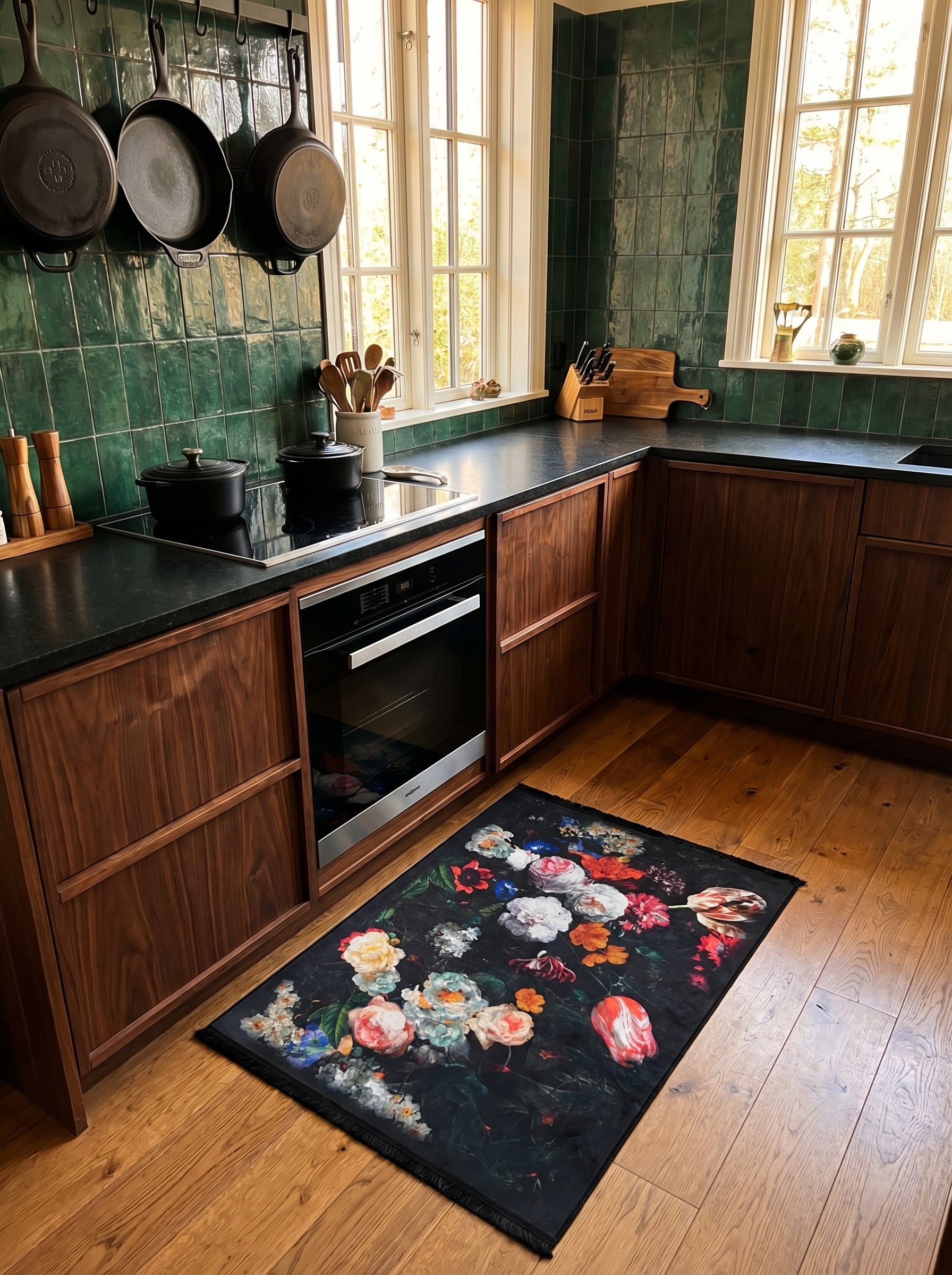 Tapis rectangulaire à fond sombre parsemé de grandes fleurs colorées (roses, blanches, oranges, bleues) posé sur un parquet clair dans une cuisine moderne