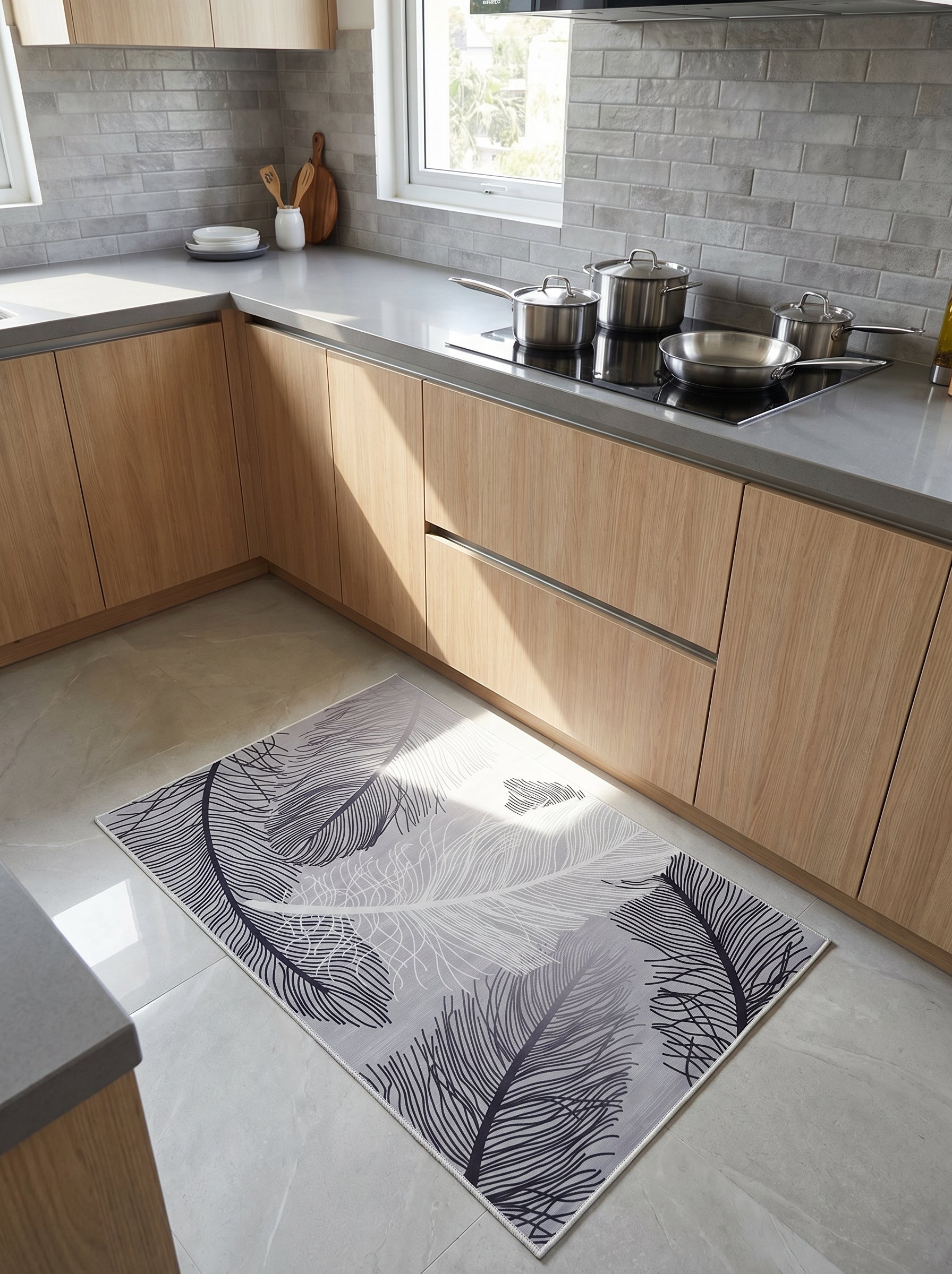 Tapis rectangulaire gris clair orné de grands motifs de plumes aux nuances de gris et blanc, dans une cuisine moderne et lumineuse