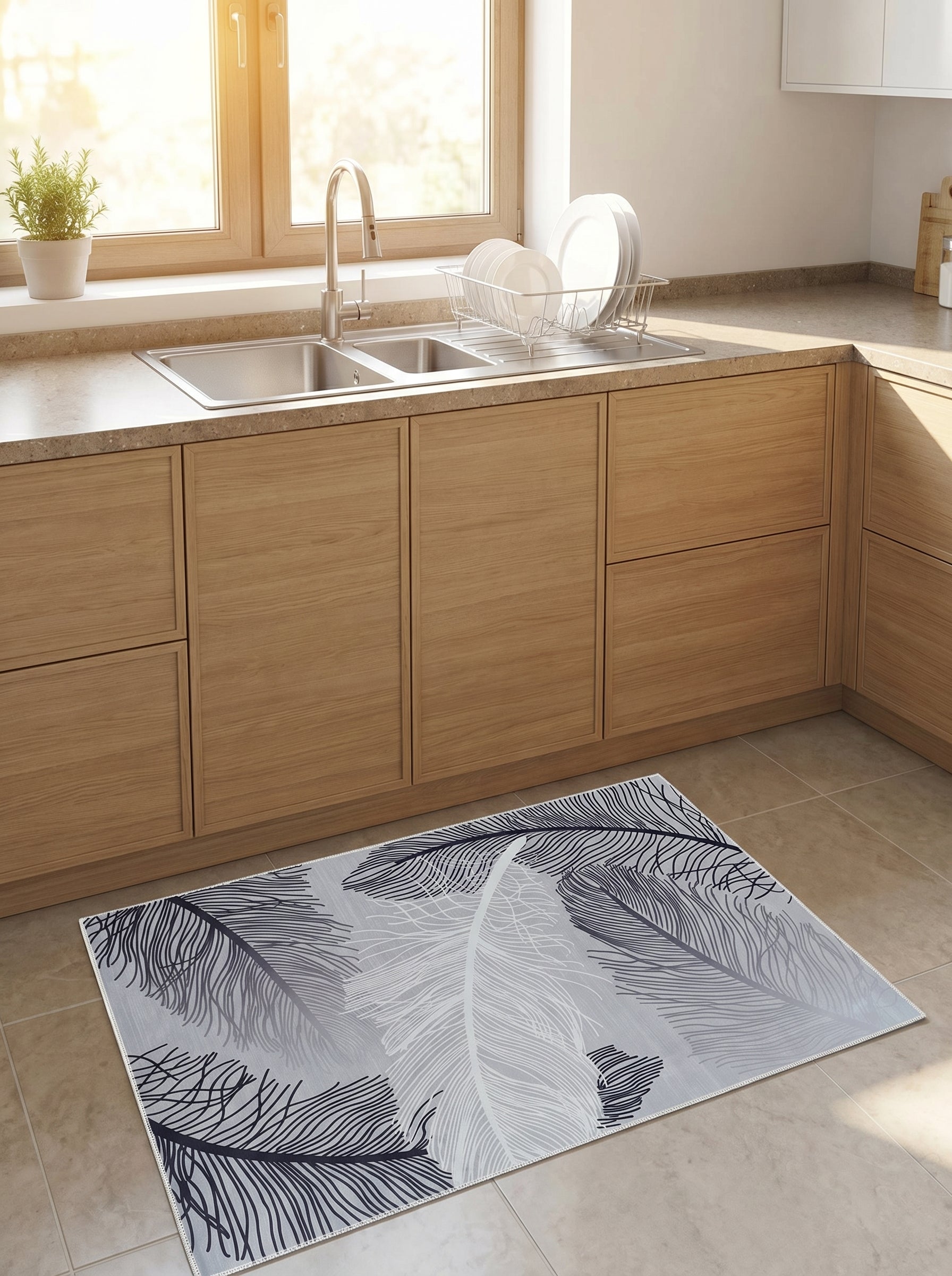 Tapis rectangulaire gris clair orné de grandes plumes noires, grises et blanches, posé sur le carrelage d'une cuisine