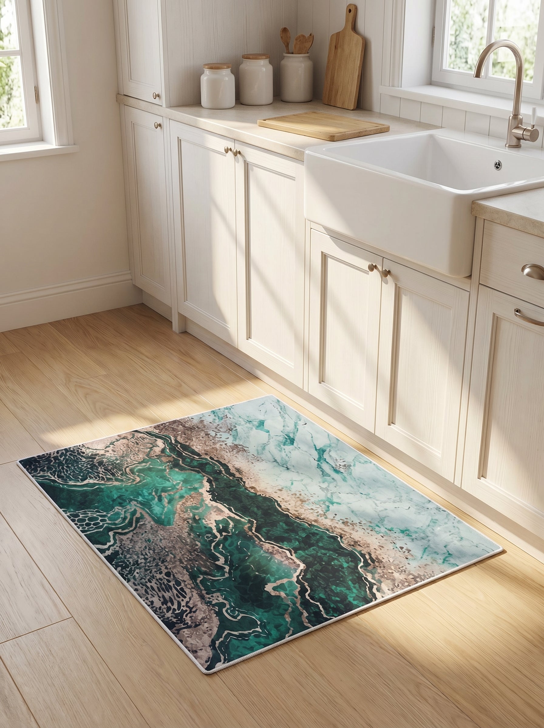 Tapis rectangulaire aux motifs marbrés vert émeraude, beige rosé et or, sur plancher en bois d'une cuisine ensoleillée