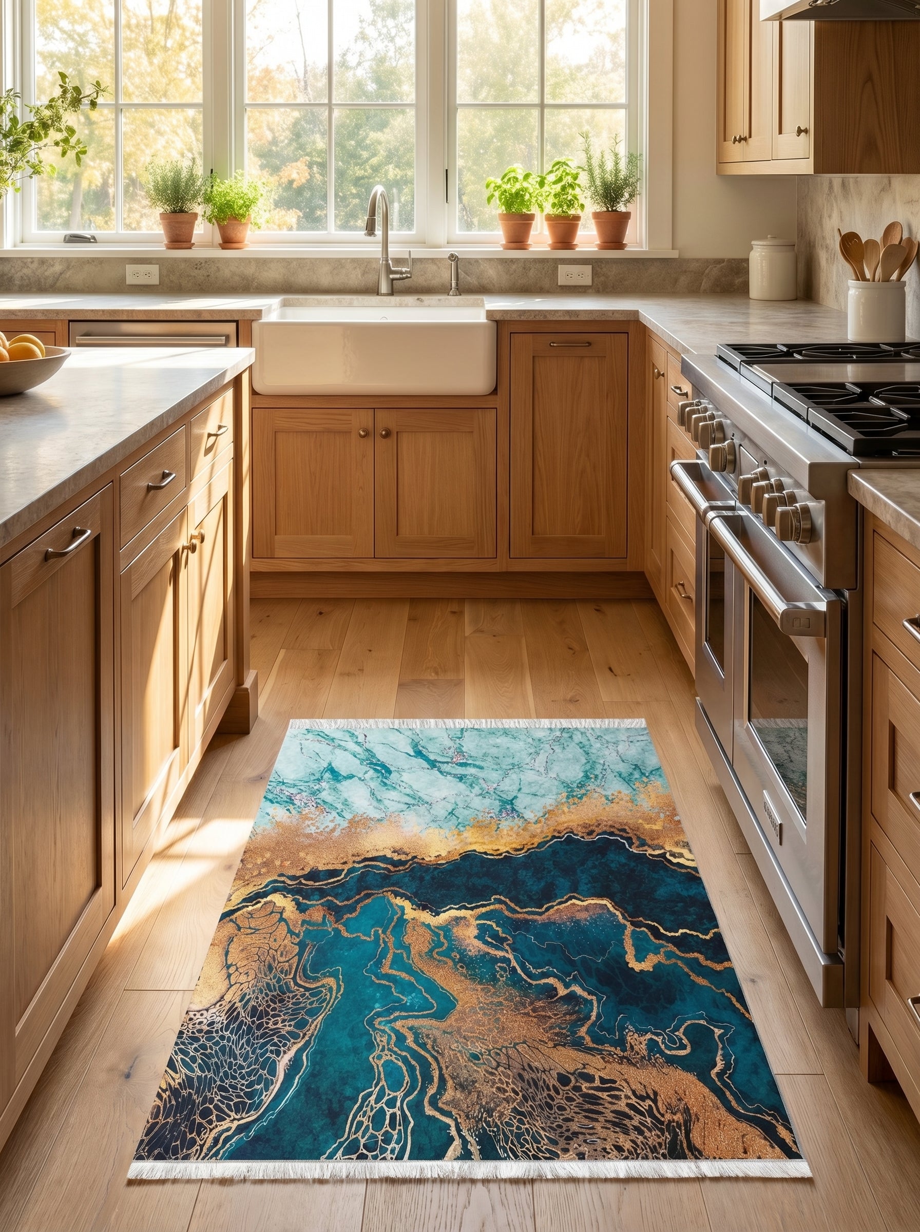Tapis de couloir aux motifs fluides bleu pétrole, turquoise et or brillant, avec franges claires, dans une cuisine en bois clair