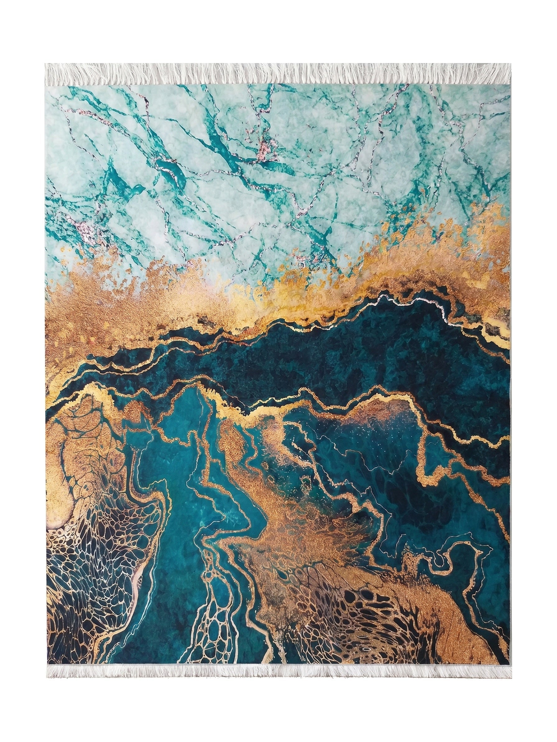 Tapis à motifs abstraits marbrés turquoise, bleu canard et or scintillant avec franges blanches